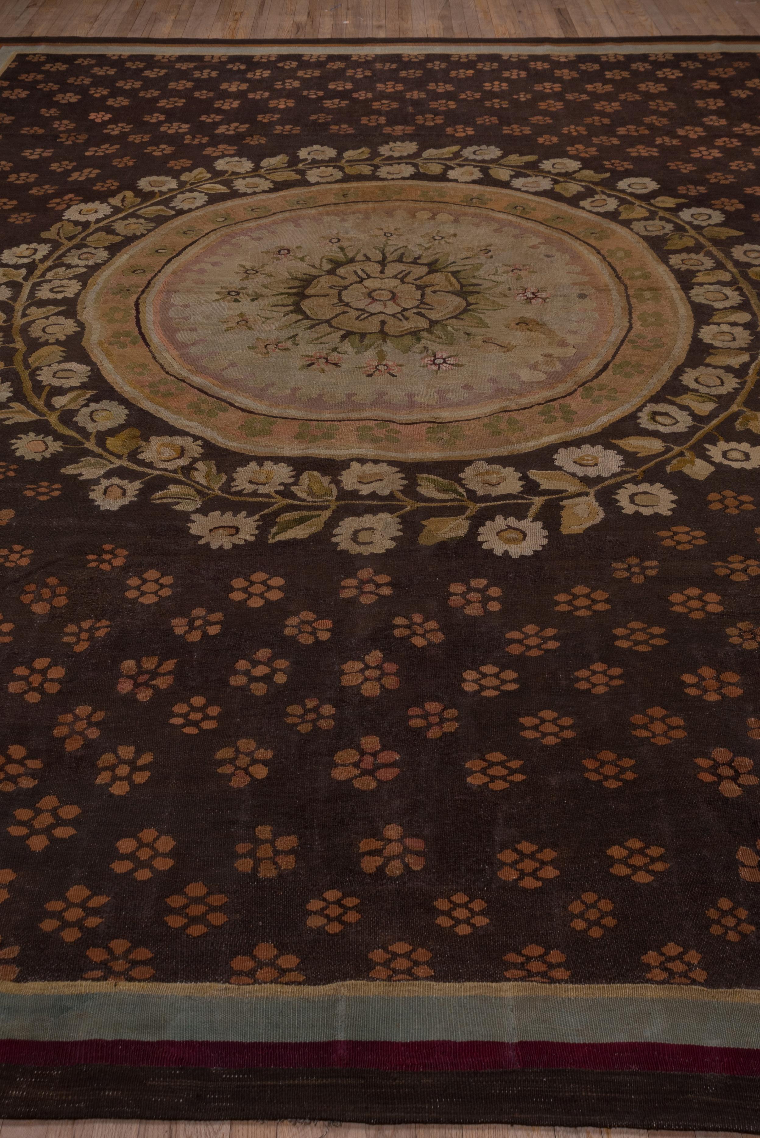 Late 19th Century Antique Brown French Aubusson Carpet, Center Medallion For Sale