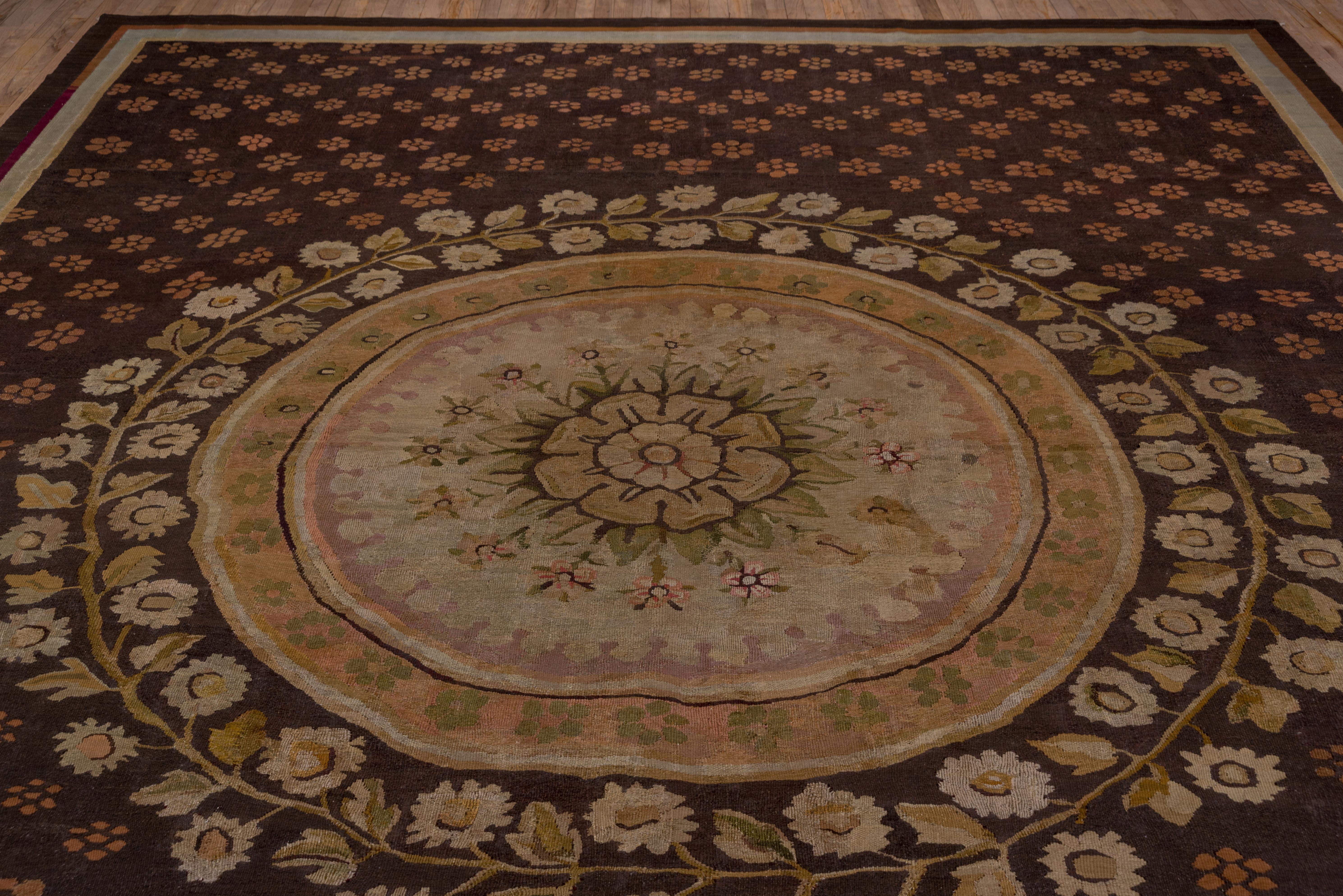 Wool Antique Brown French Aubusson Carpet, Center Medallion