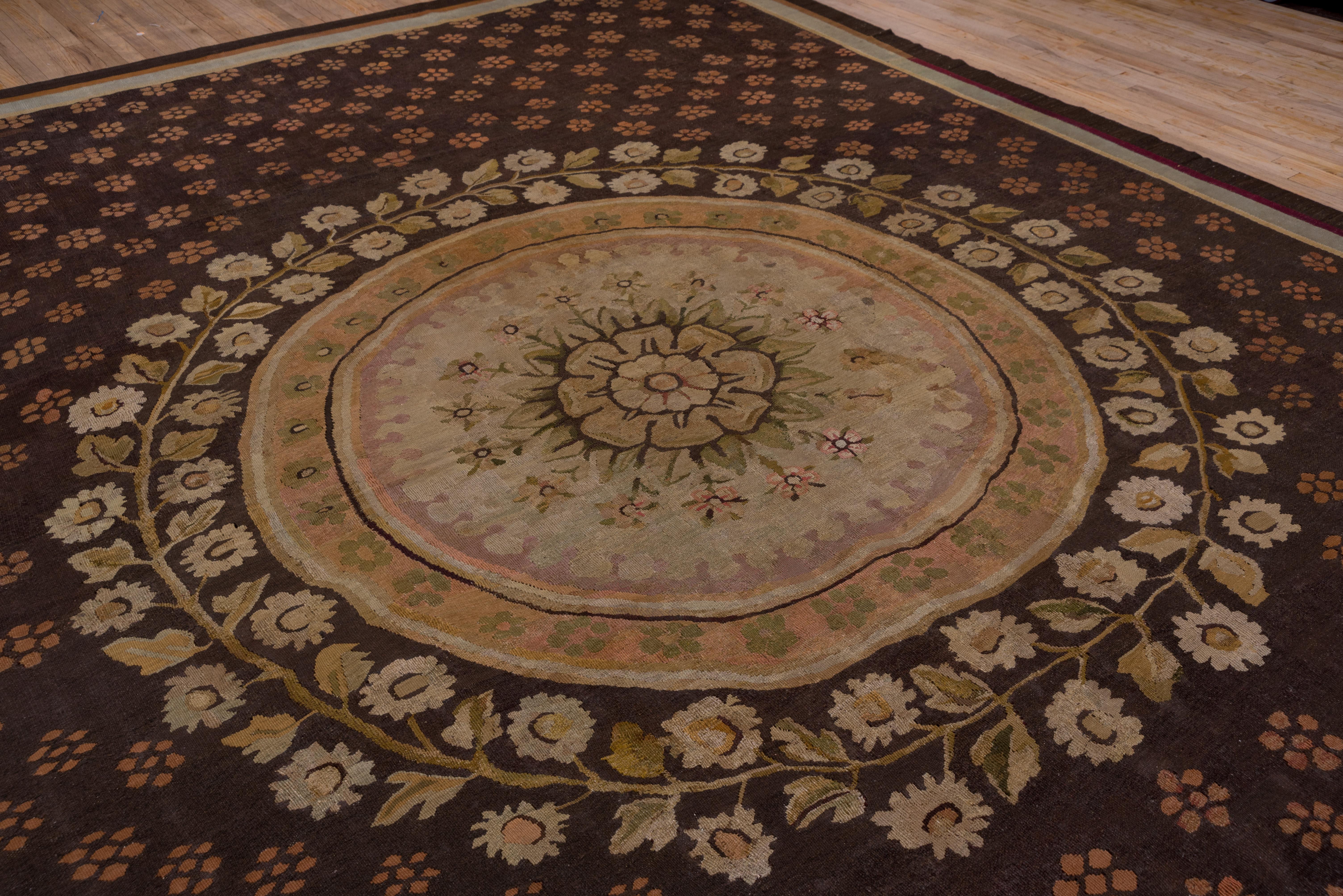 Antique Brown French Aubusson Carpet, Center Medallion For Sale 3