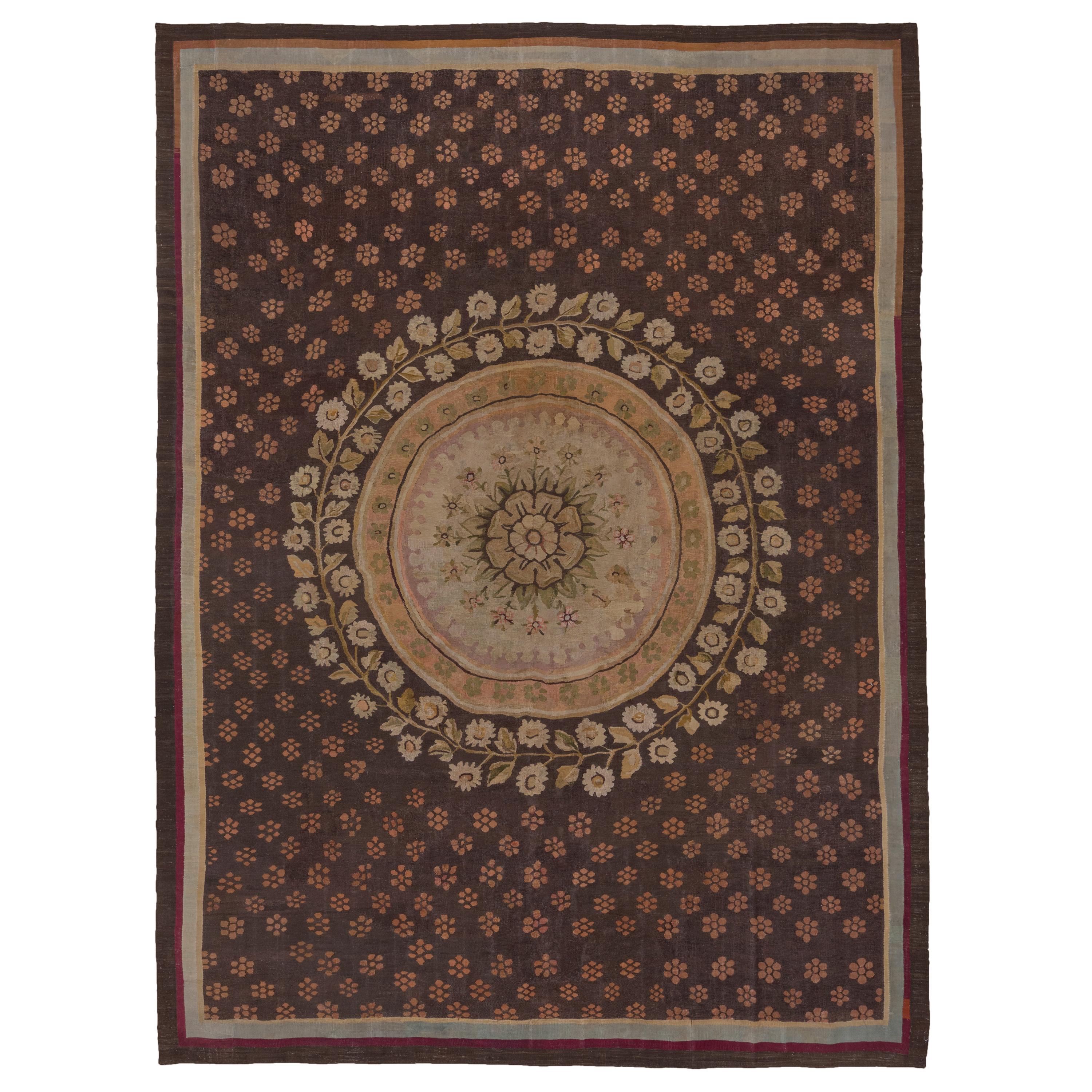 Antique Brown French Aubusson Carpet, Center Medallion