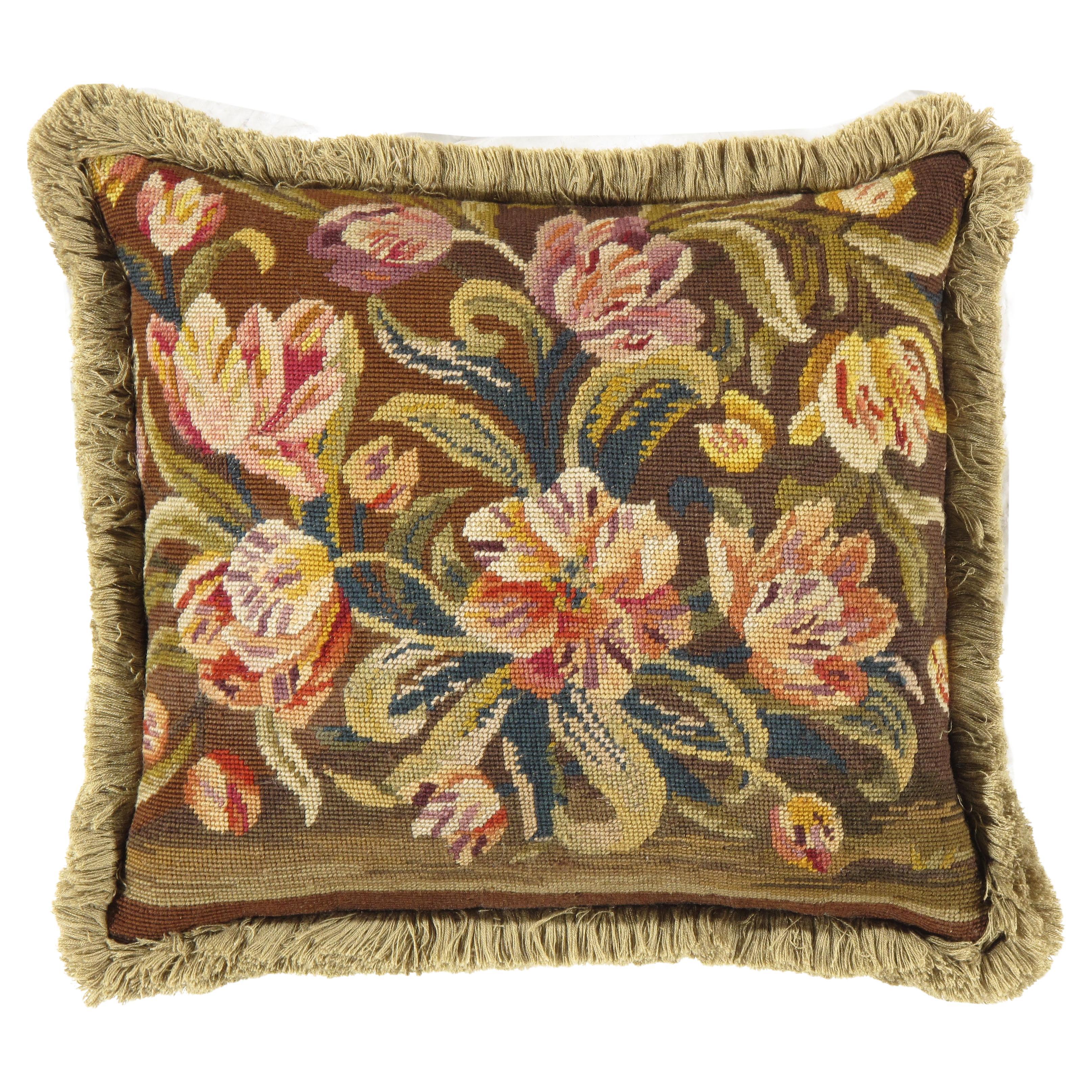 Antique Brown French Needlepoint Pillow 1'6 x 1'8