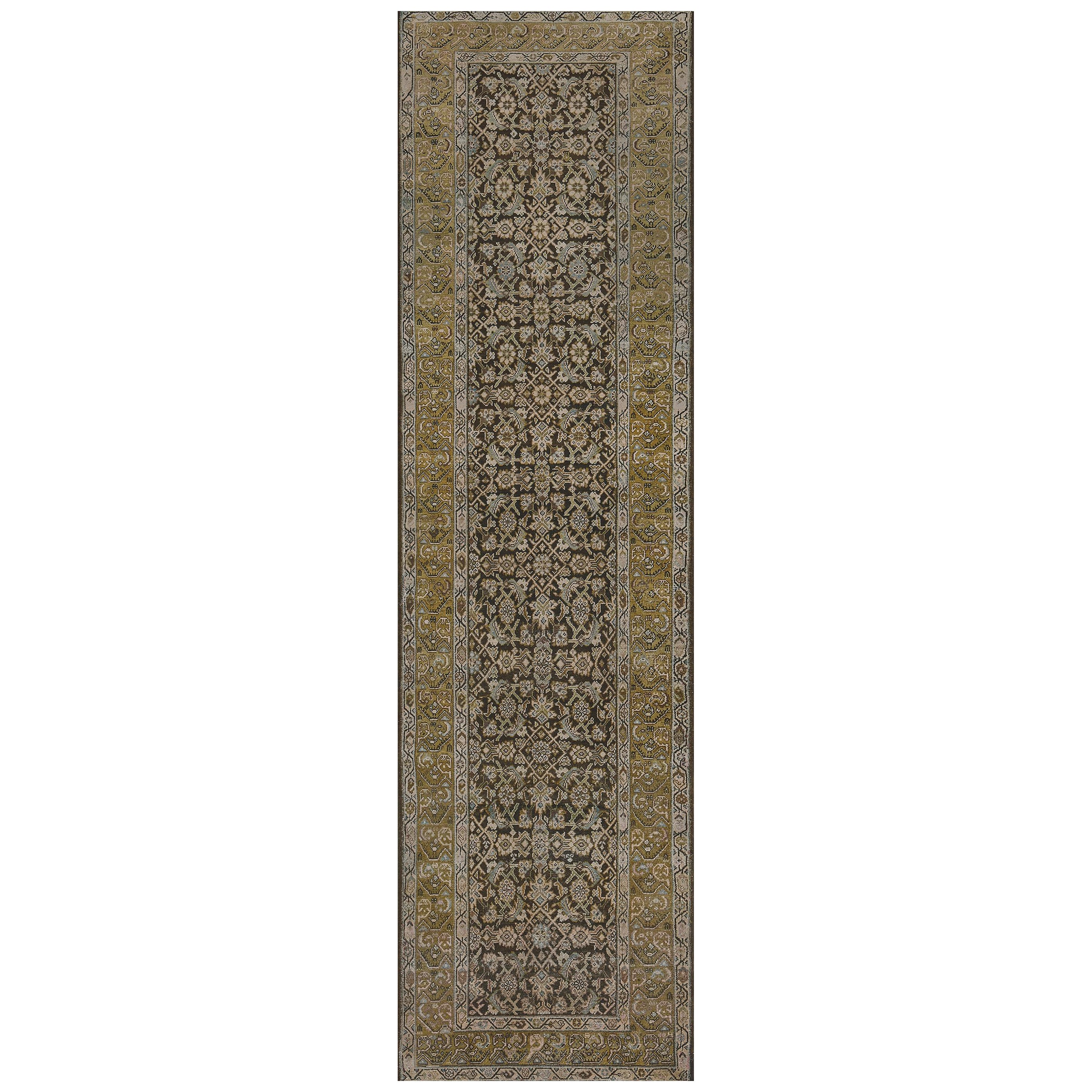 Antique Brown Herati-Pattern Wool Handwoven Persian Mahal Runner