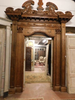 Antique Brown Larch Wood Portal, Large Volute Front, 1500, Italy