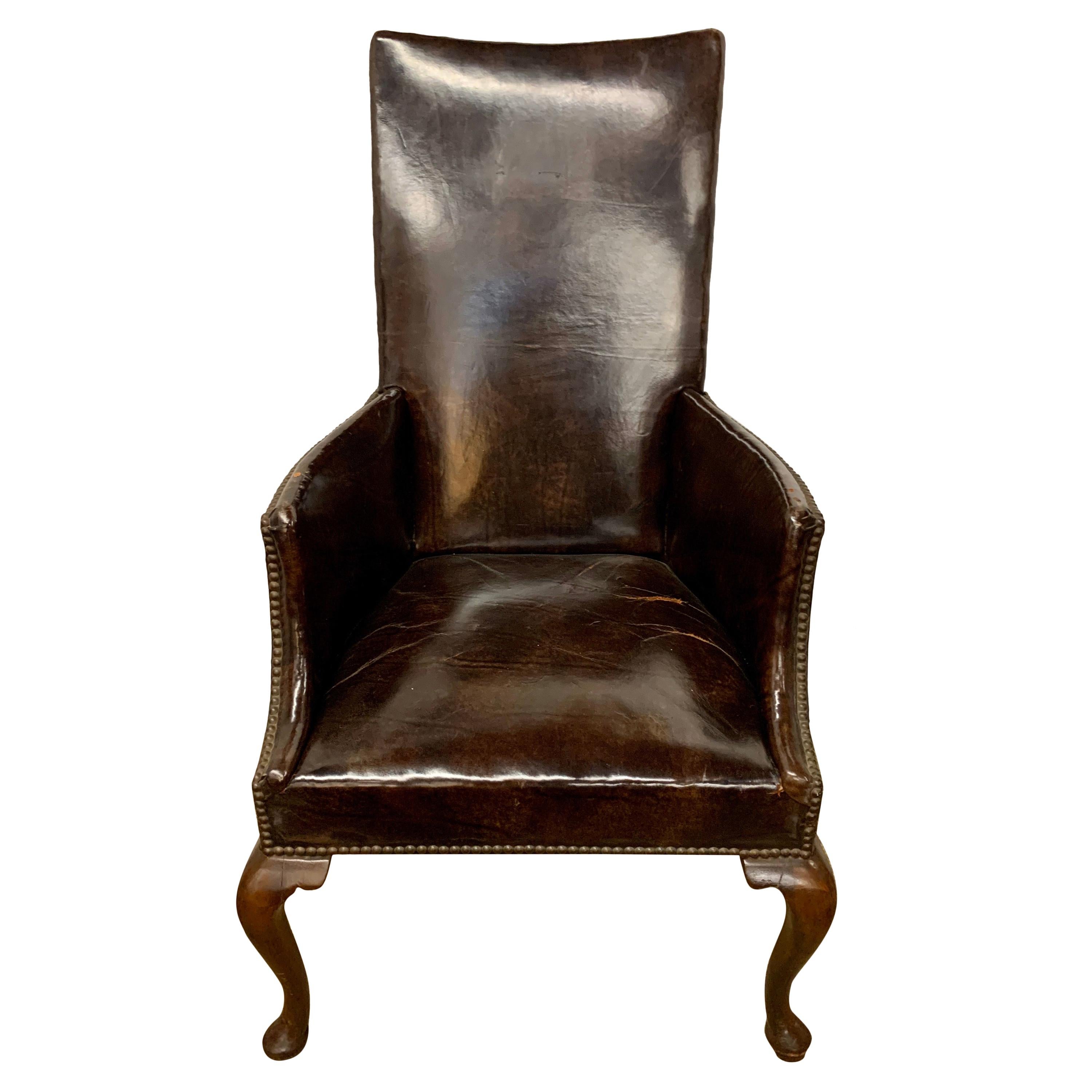 Antique Brown Leather and Nailhead Mahogany Reading Chair Wingback Armchair