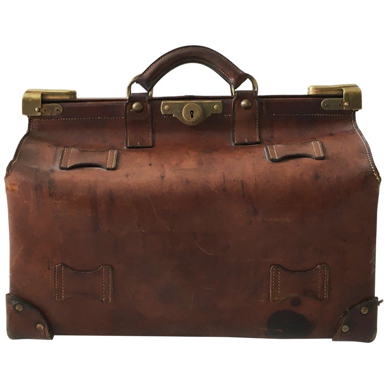 Antique Brown Leather Gladstone Doctors Bag Vintage Case, France, circa  1900s