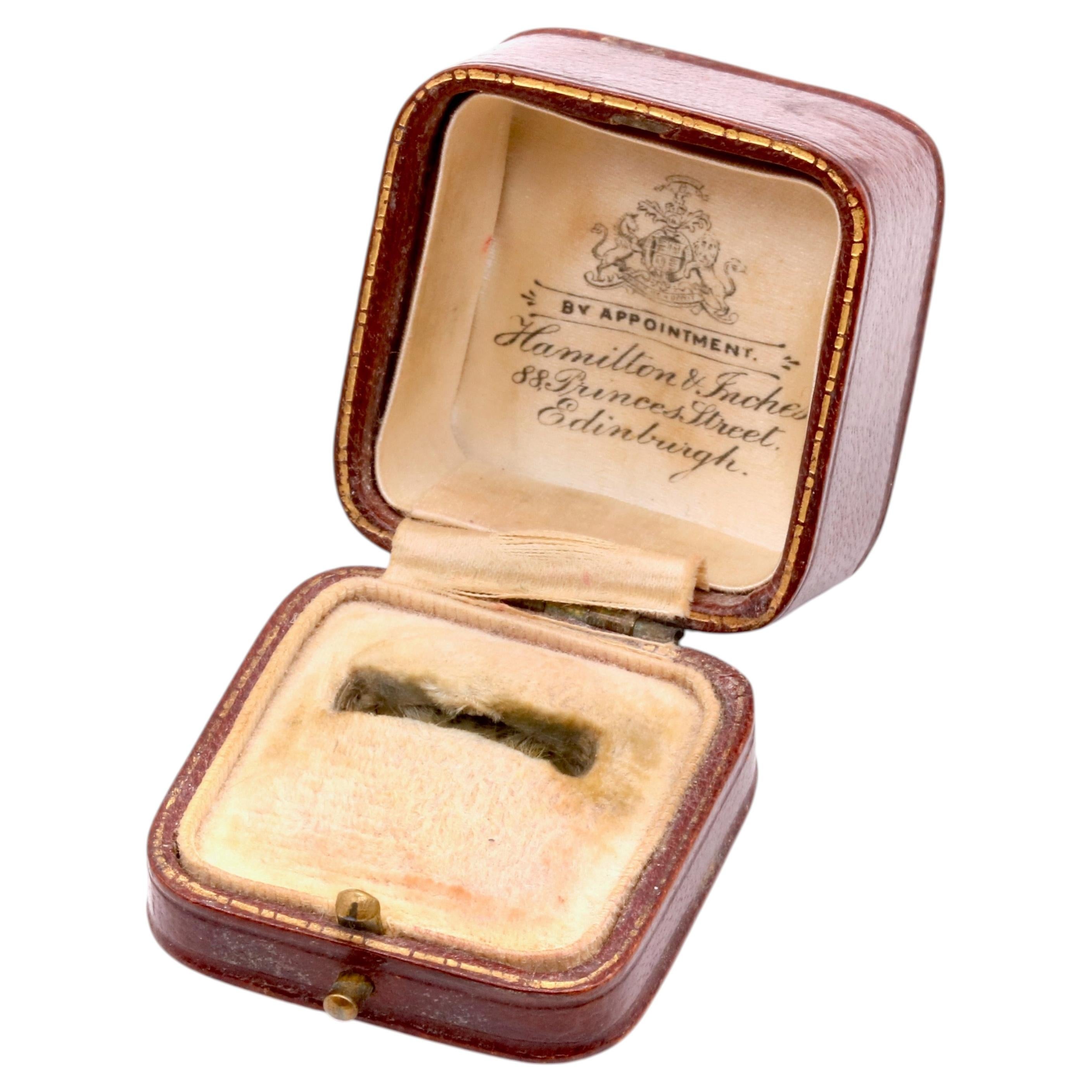 Antique Brown Leather Gold Tooled Ring Box, with Ivory Silk and Cream Velvet Int