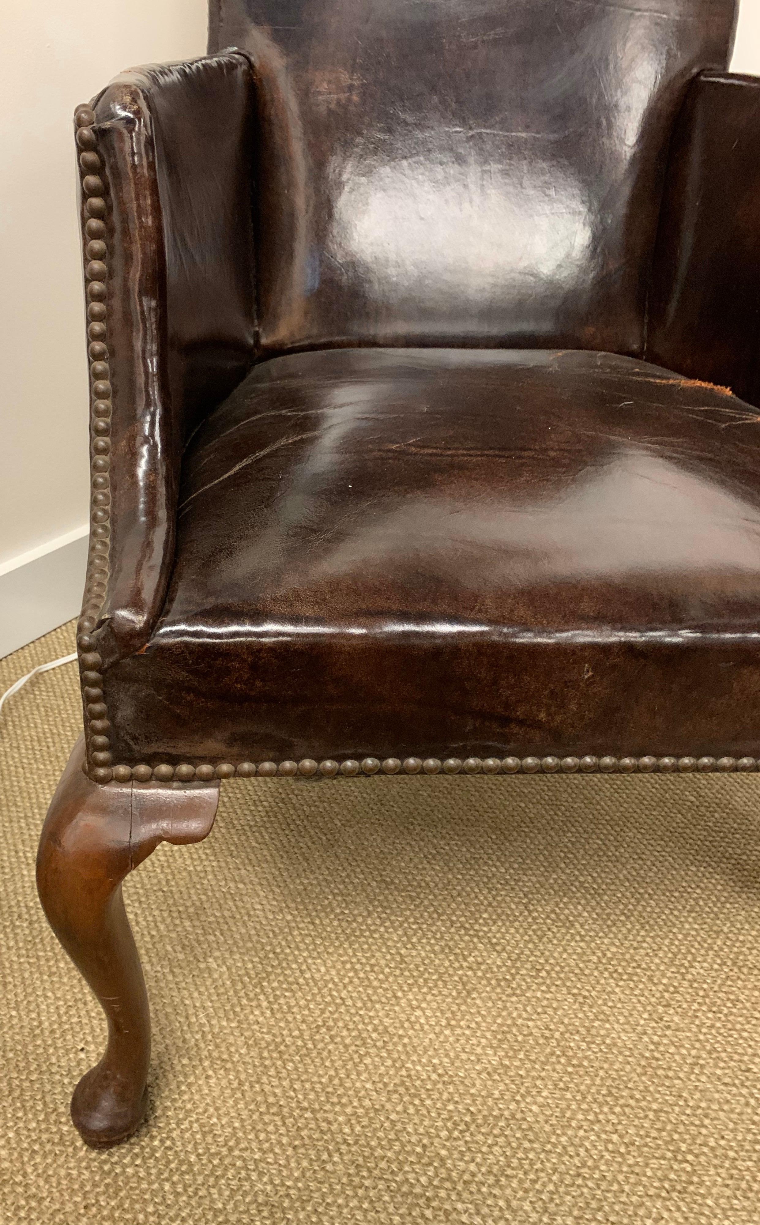 Antique Brown Leather and Nailhead Mahogany Reading Chair Wingback Armchair 3