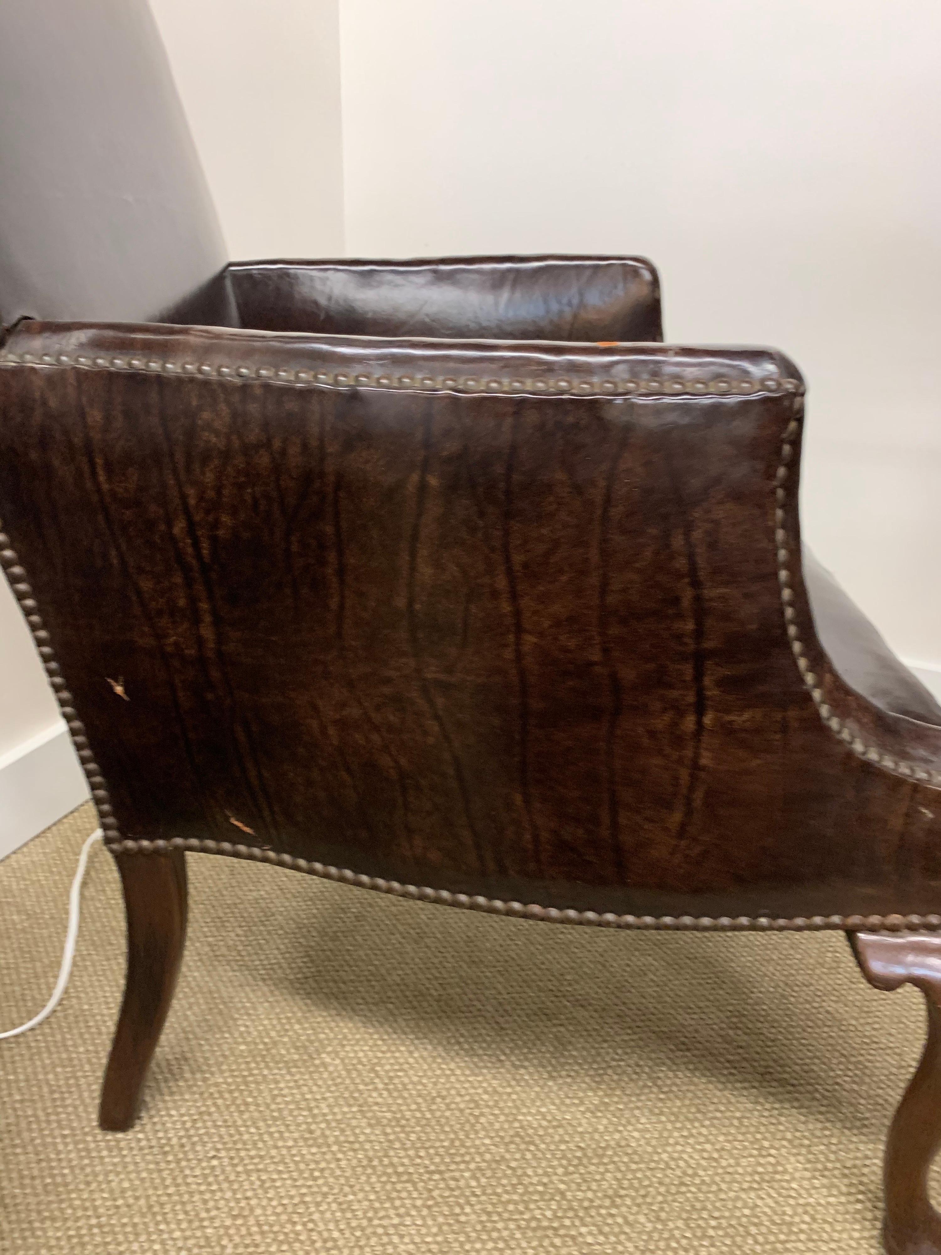 Antique Brown Leather and Nailhead Mahogany Reading Chair Wingback Armchair 4