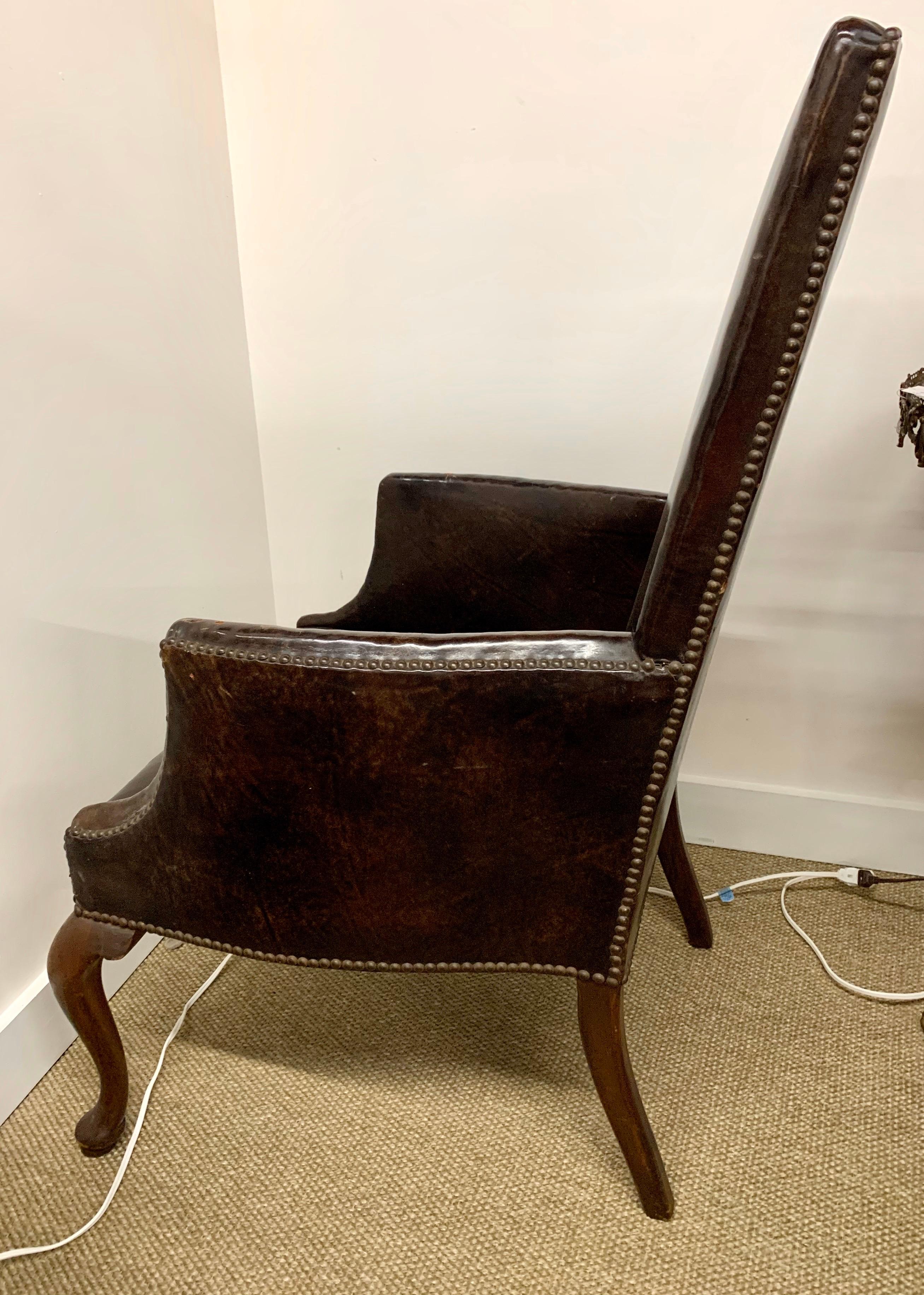 Antique Brown Leather and Nailhead Mahogany Reading Chair Wingback Armchair In Good Condition In West Hartford, CT