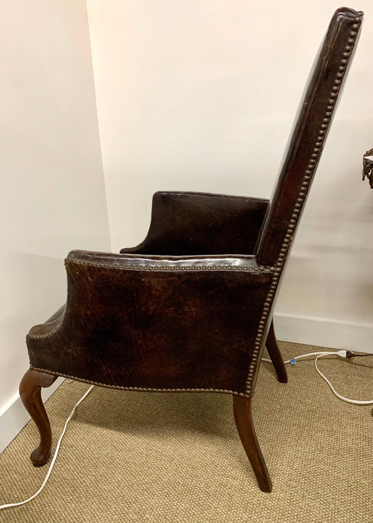 Antique Brown Leather and Nailhead Mahogany Reading Chair Wingback Armchair For Sale at 1stDibs