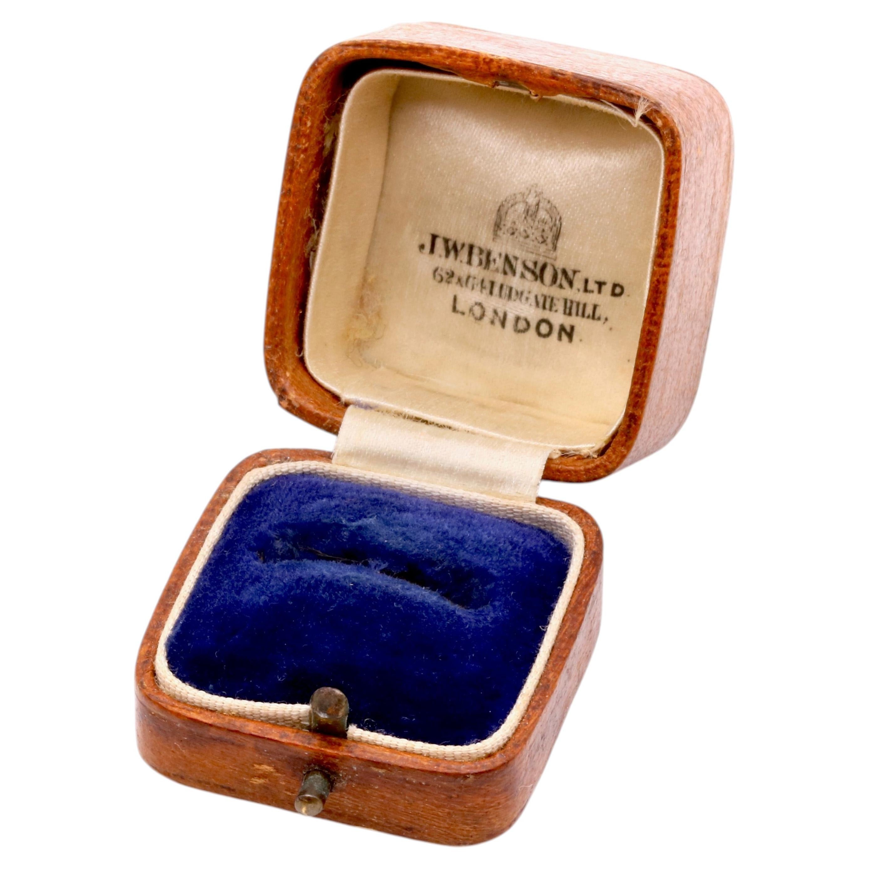 Antique Brown Leather Square Ring Box, with Cream Silk and Blue Velvet Interior For Sale