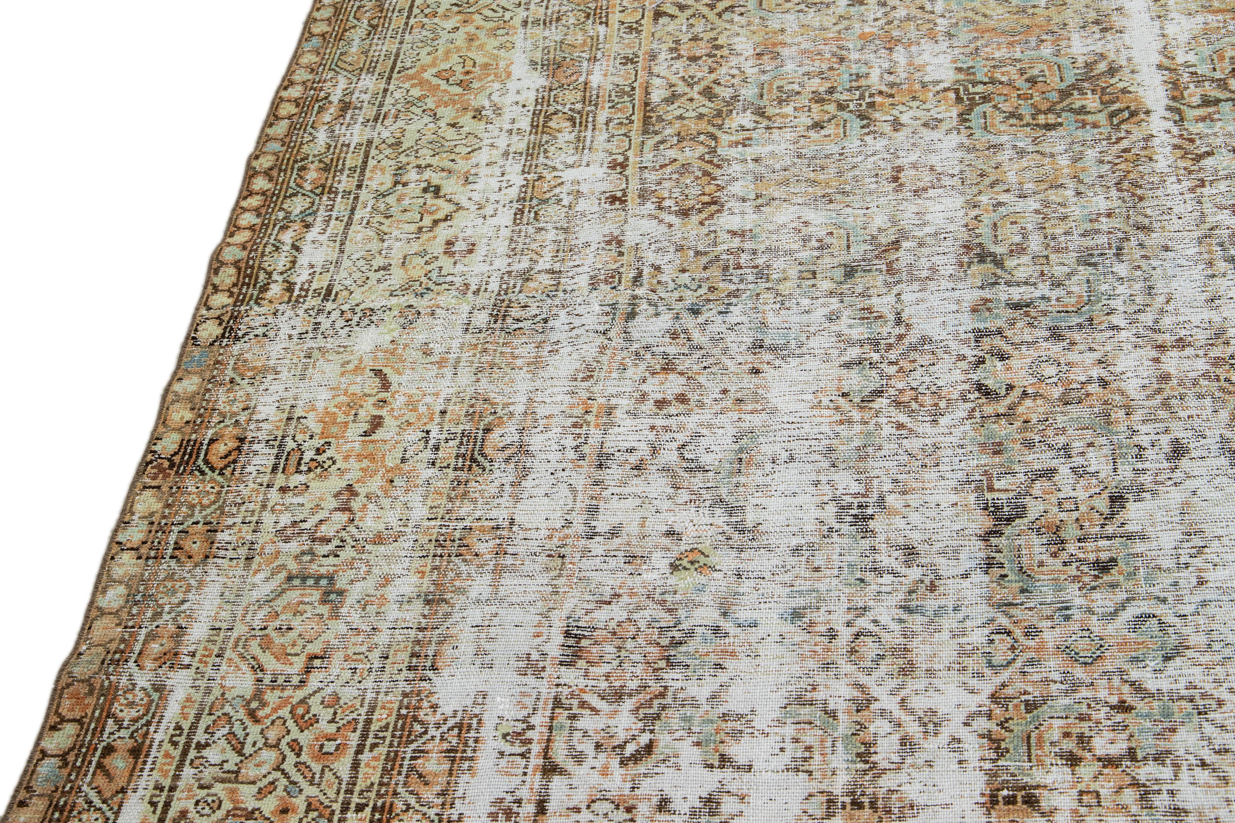 Antique Brown Malayer Handmade Allover Motif Shabby Chic Wool Rug For Sale 5
