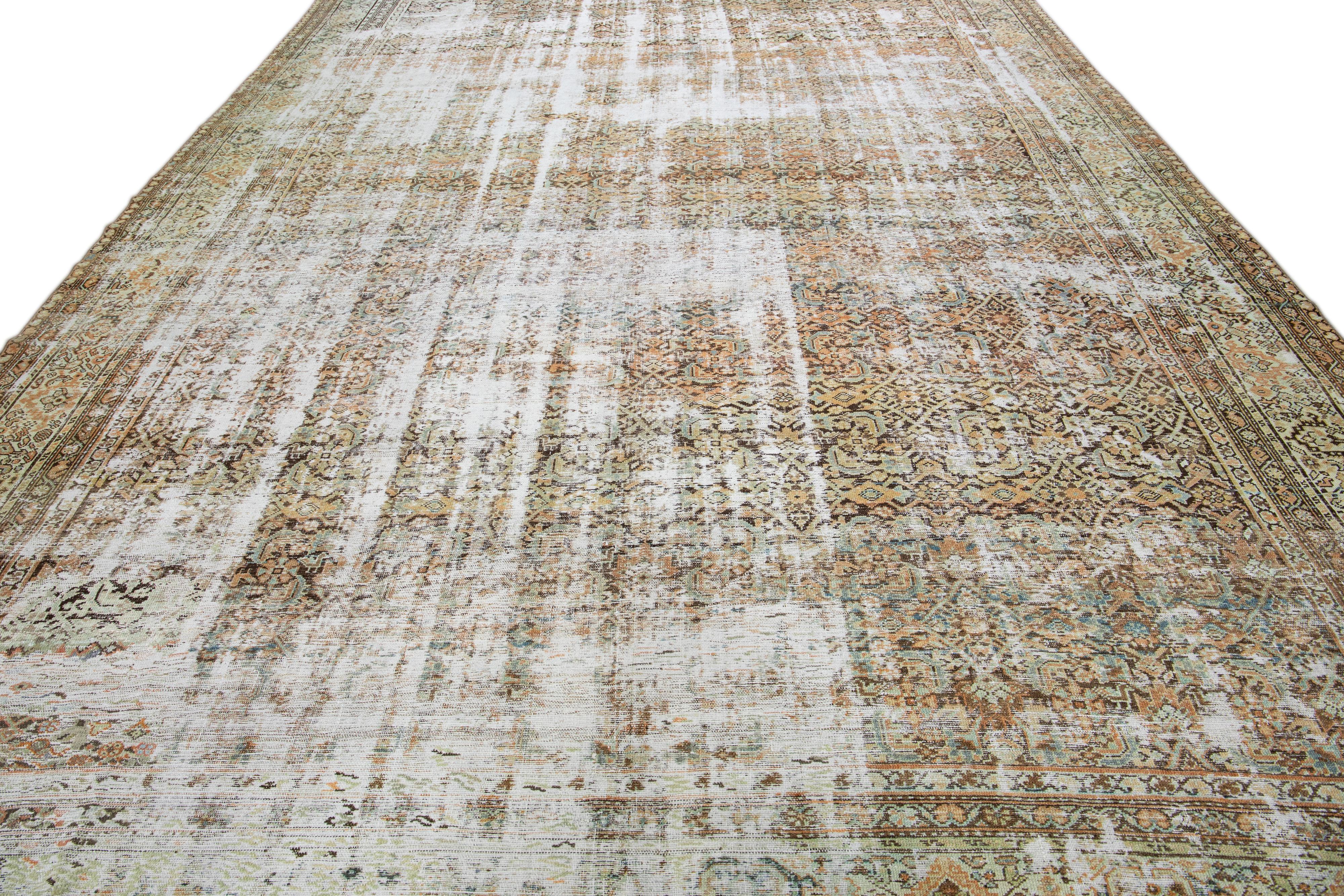 Islamique Tapis en laine marron antique Malayer à motifs intégraux faits à la main Shabby Chic en vente