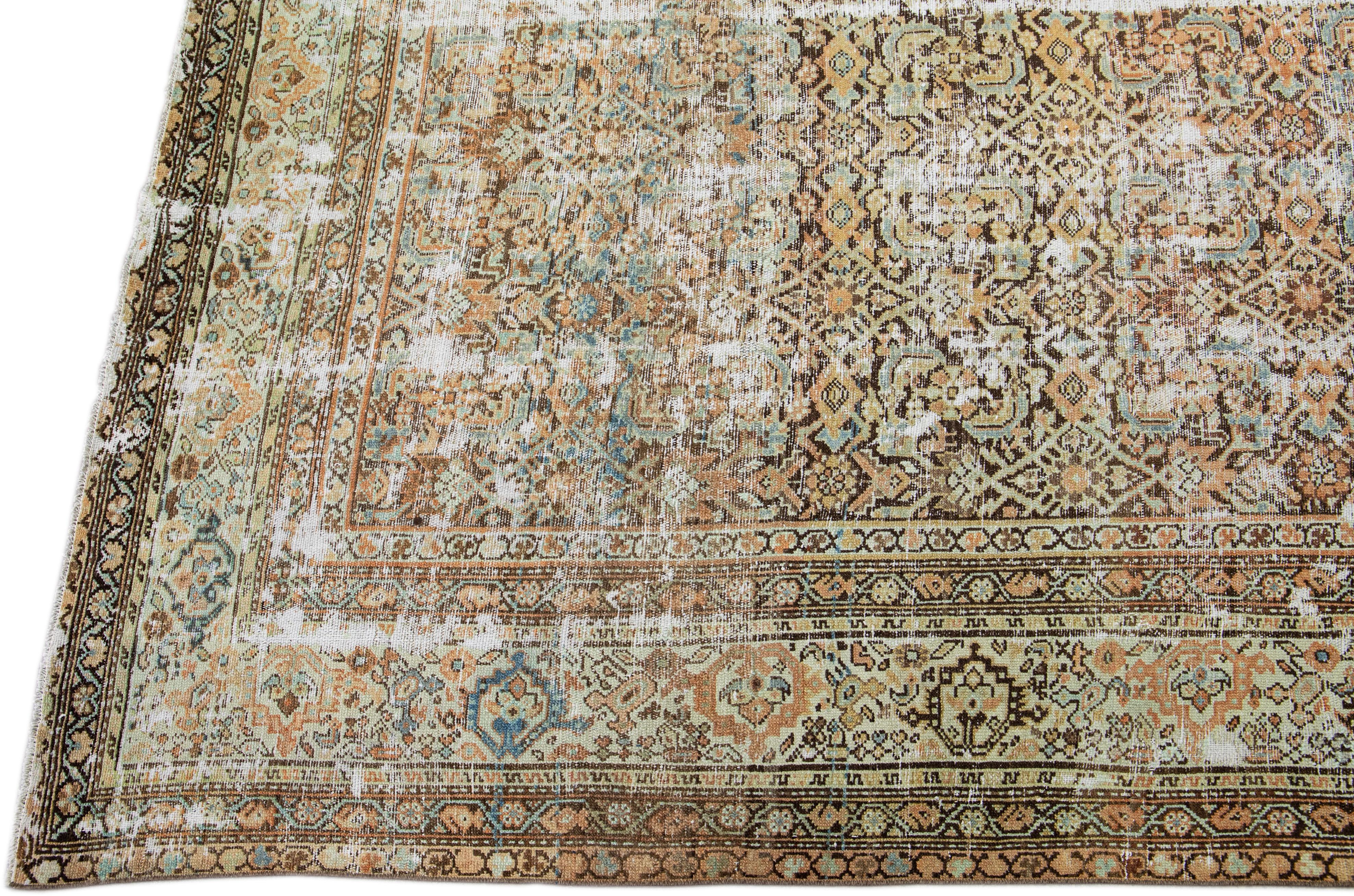 Persian Antique Brown Malayer Handmade Allover Motif Shabby Chic Wool Rug For Sale