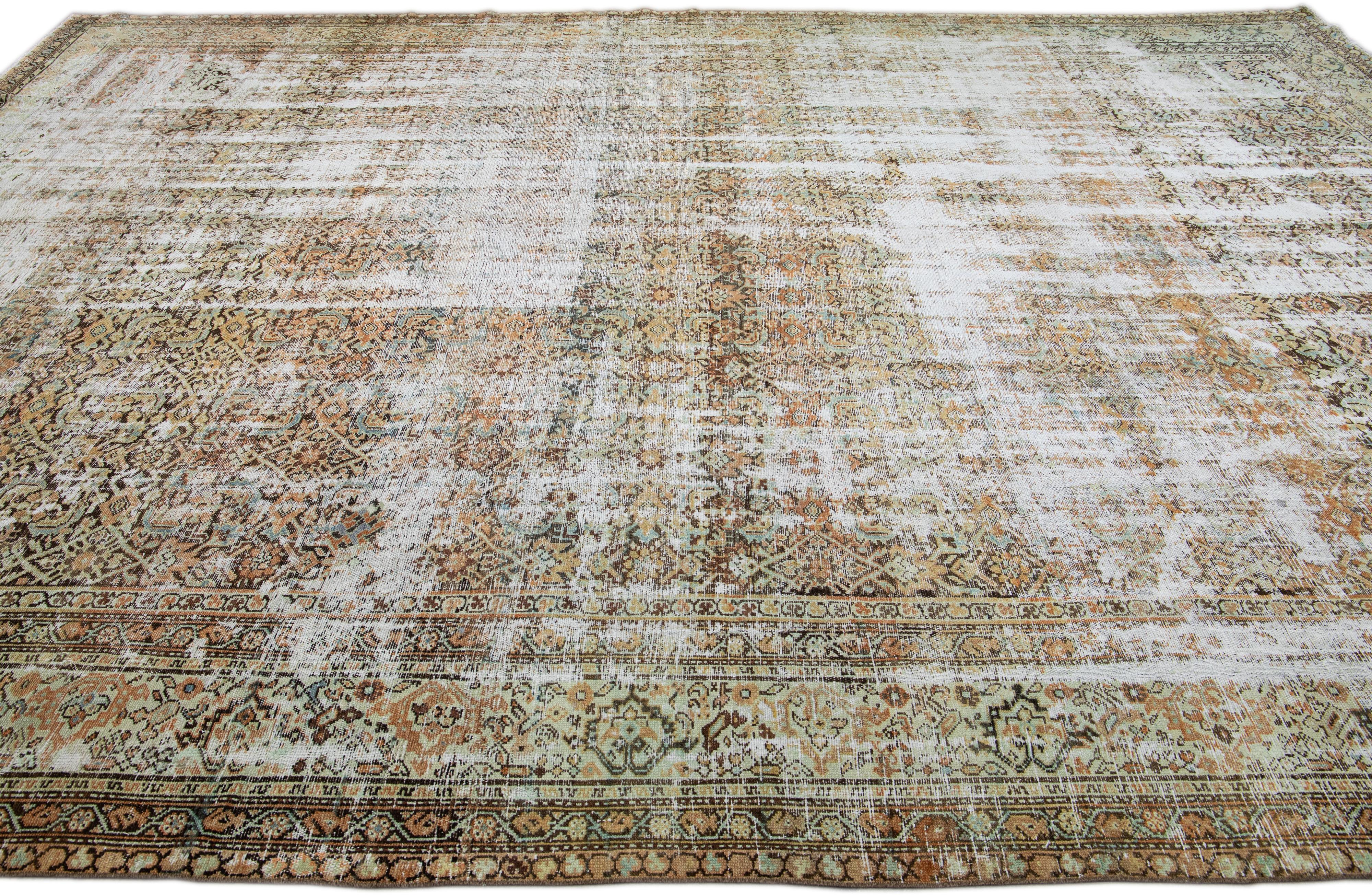 Hand-Knotted Antique Brown Malayer Handmade Allover Motif Shabby Chic Wool Rug For Sale