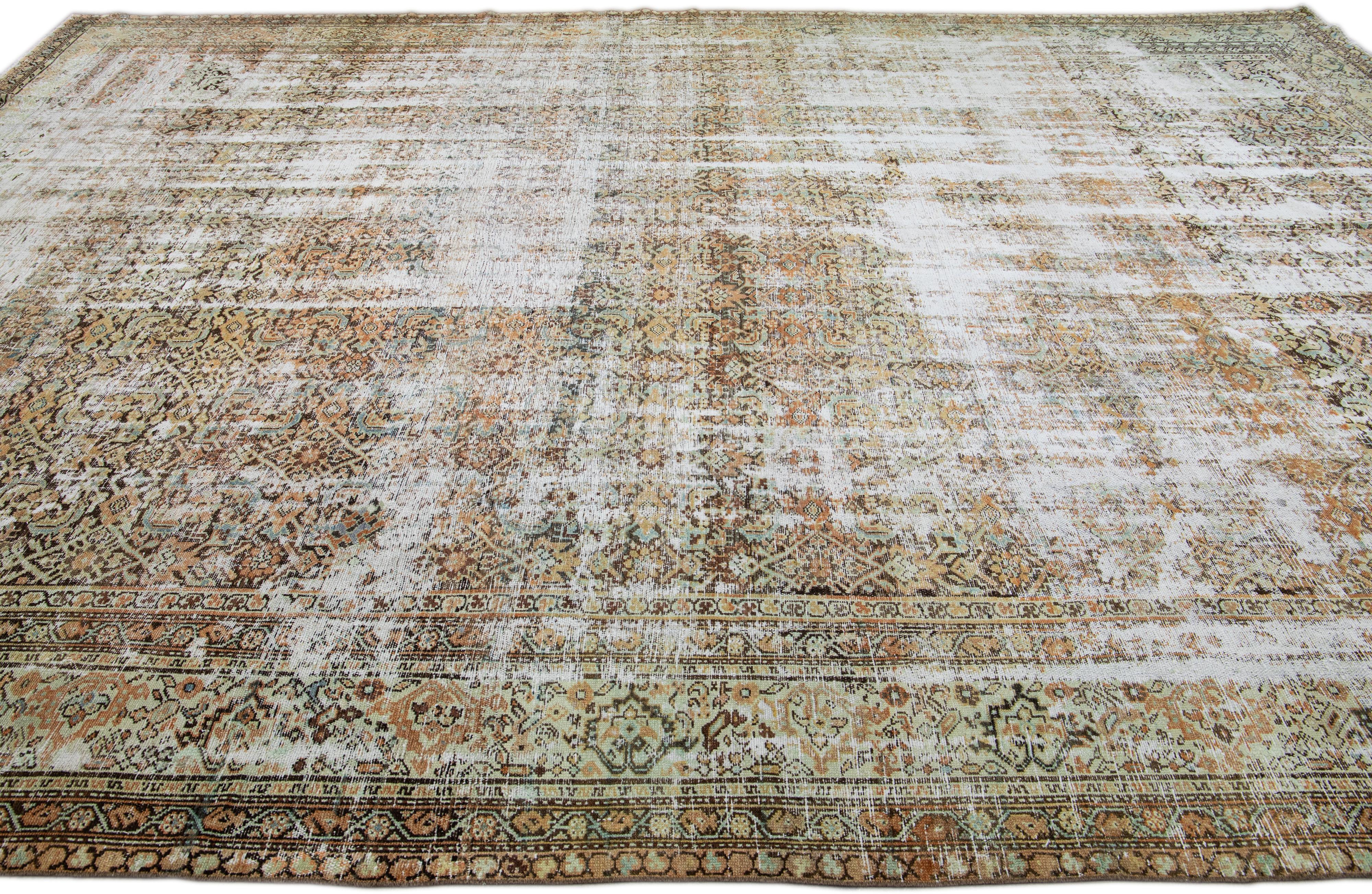 Noué à la main Tapis en laine marron antique Malayer à motifs intégraux faits à la main Shabby Chic en vente