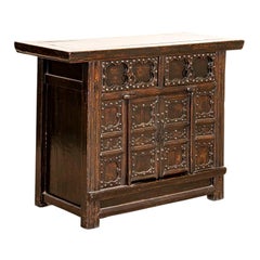 Antique Brown Painted Lacquered Chinese Cabinet Sideboard With Paneled Doors
