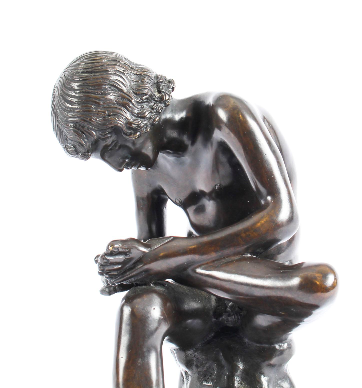 This is a superb Italian Grand Tour School brown patinated bronze figure of the boy with thorn, also called Spinario, dating from the mid-19th century. 
 
This fine brown patinated bronze figure was made after the antique Greco-Roman Hellenistic