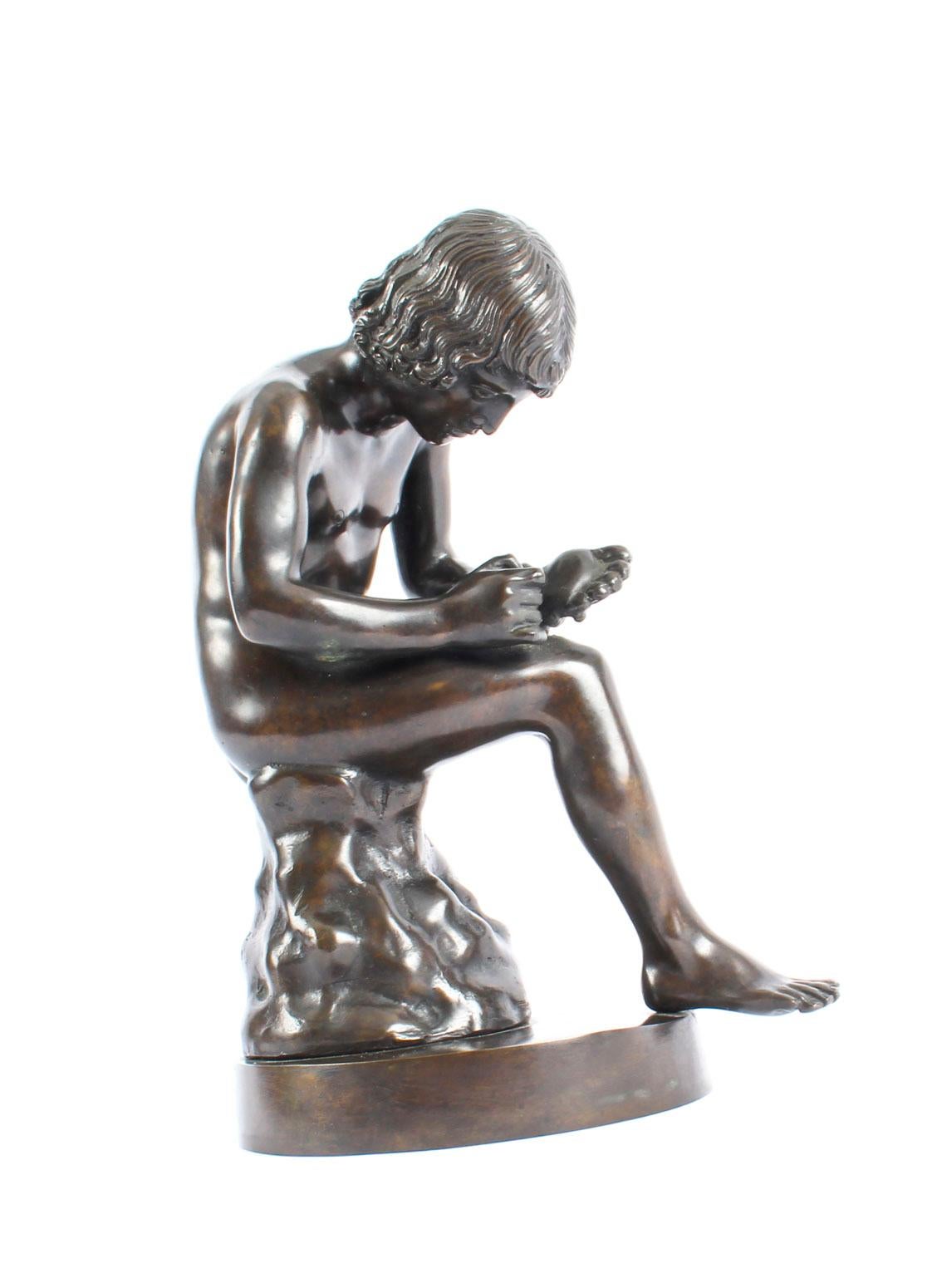 Antique Brown Patinated Bronze Figure of Boy with Thorn Spinario 19th Century 1