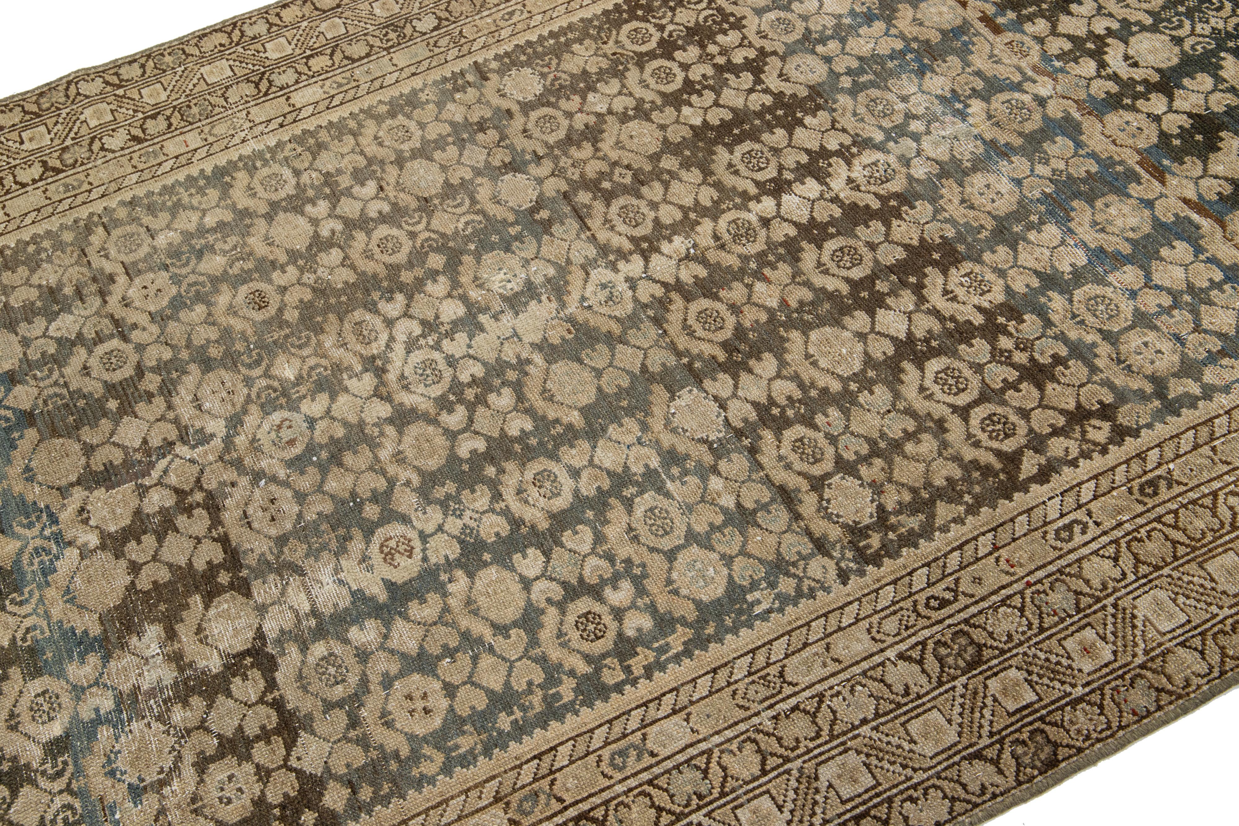 Hand-Knotted Antique Brown Persian Malayer Wool Rug From the 1900s with Allover Motif For Sale