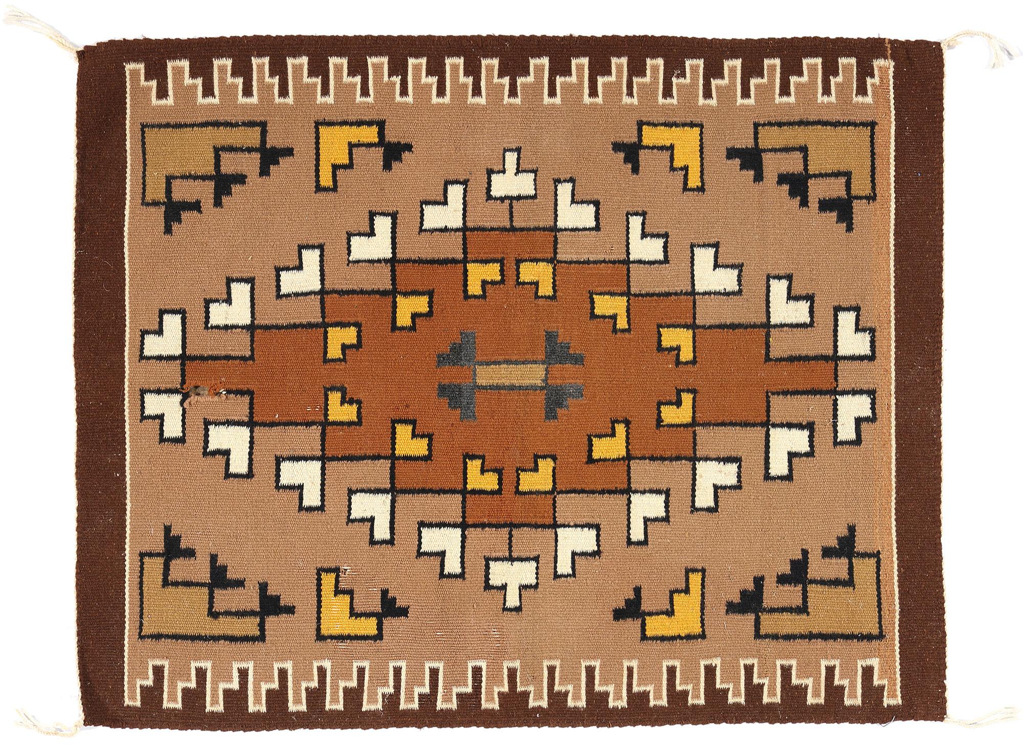 Antique Brown Two Grey Hills Navajo Rug Carpet, Native American Textile For Sale 4