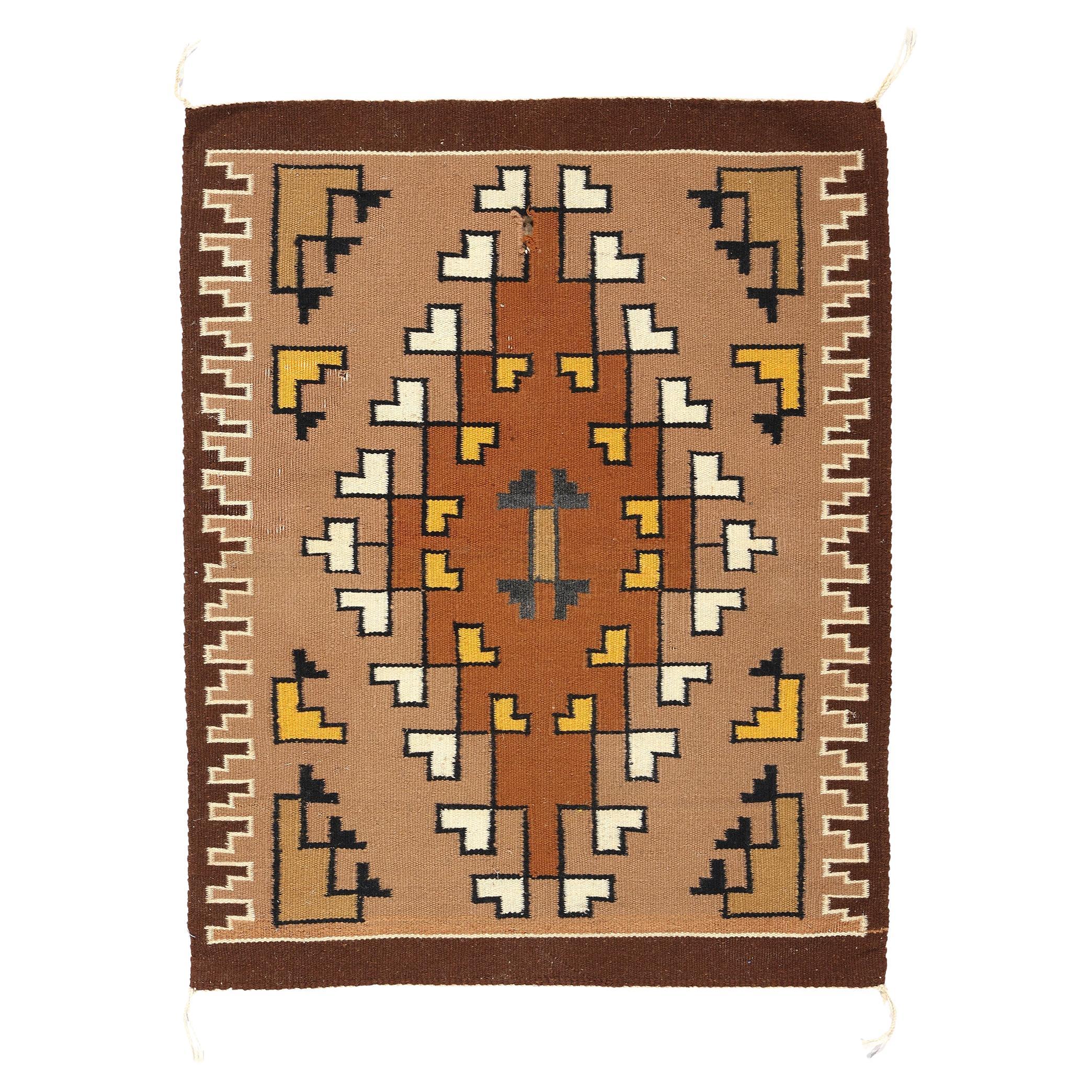 Antique Brown Two Grey Hills Navajo Rug Carpet, Native American Textile For Sale
