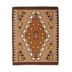 Used Brown Two Grey Hills Navajo Rug Carpet, Native American Textile