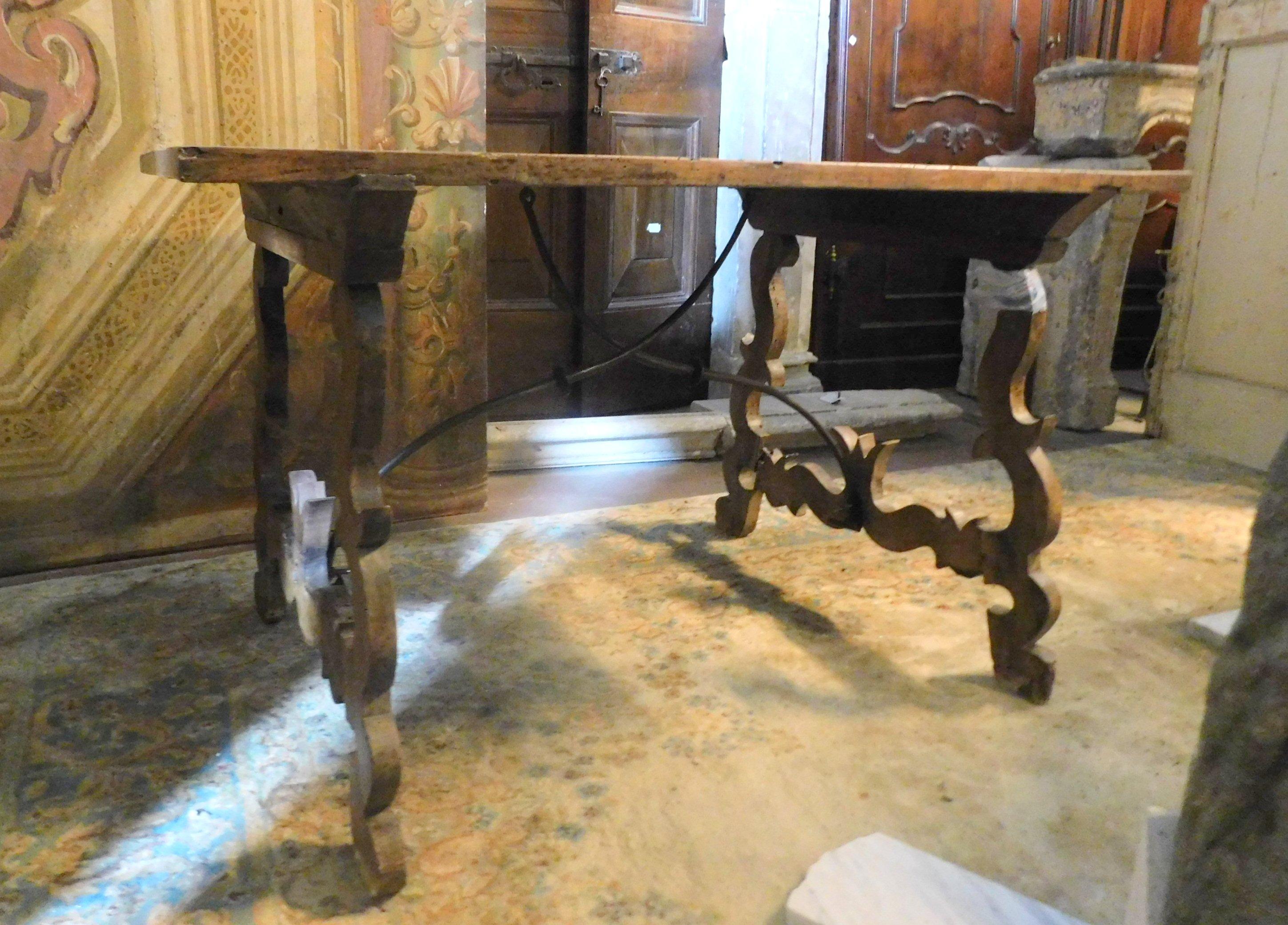 Antique brown walnut table, wavy legs and single plank, 18th century, unique and rare 