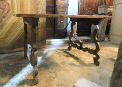 Antique Brown Walnut Table, Wavy Legs and Single Plank, 1700, Italy