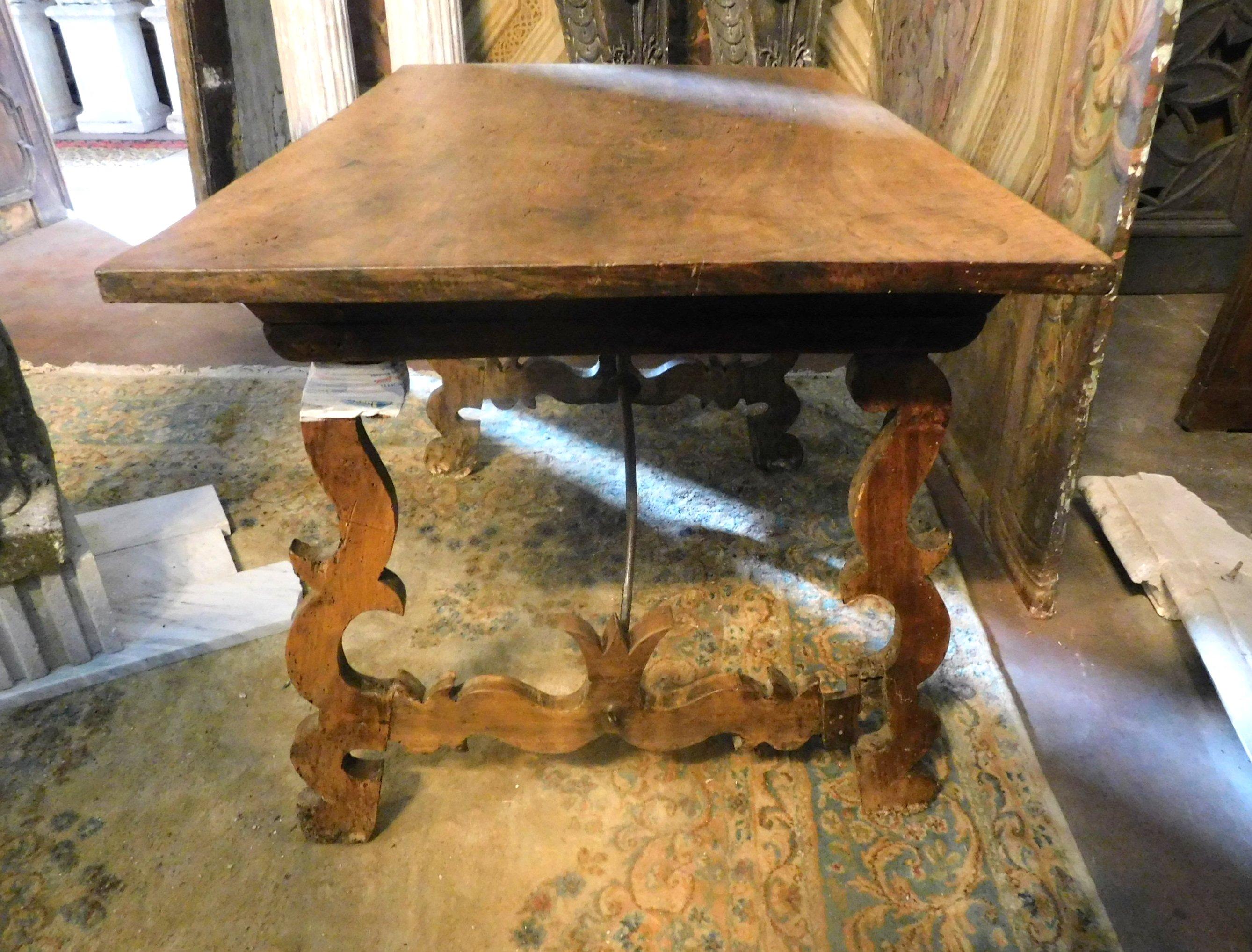 Hand-Carved Antique Brown Walnut Table, Wavy Legs and Single Plank, 1700, Italy