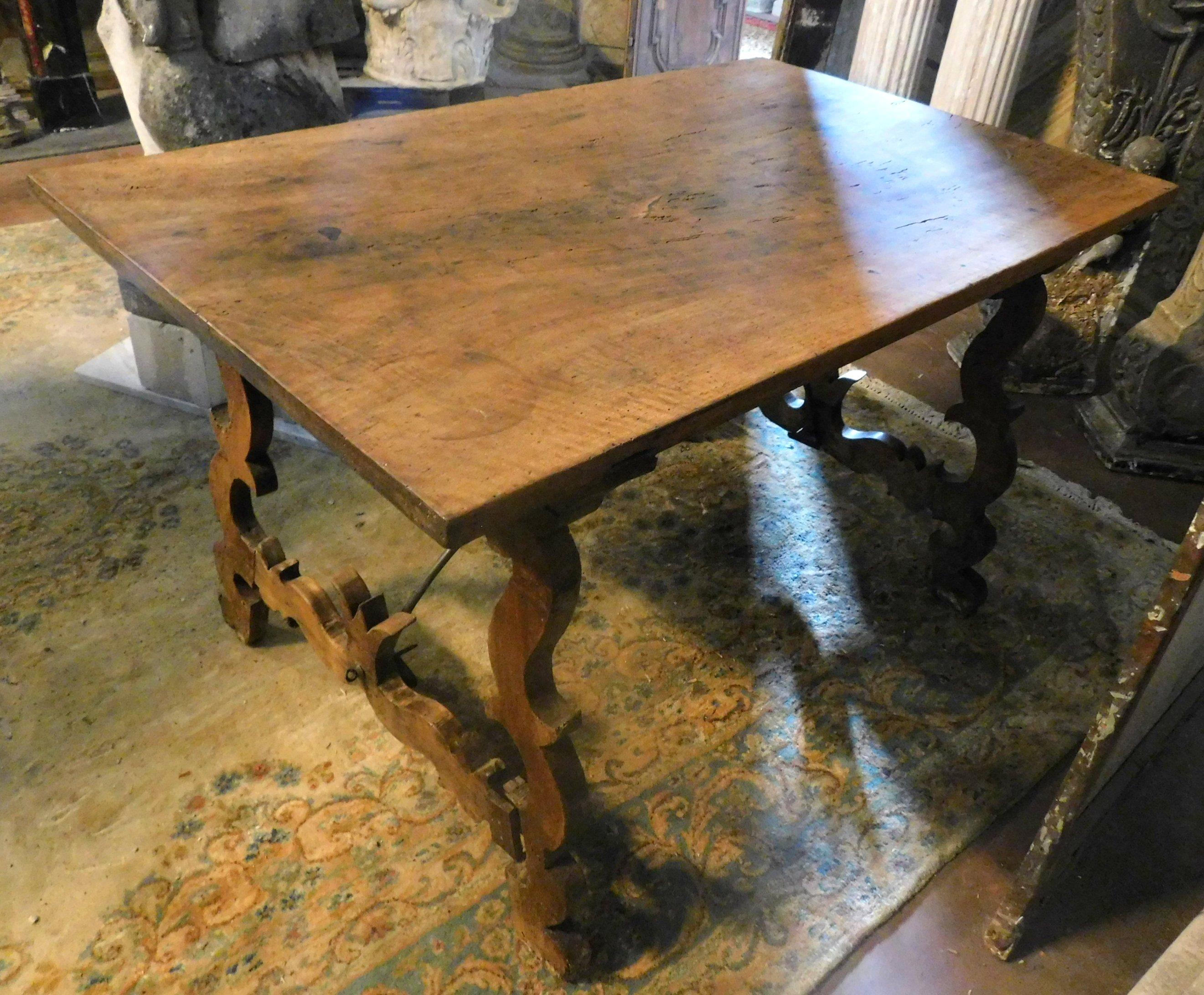 18th Century Antique Brown Walnut Table, Wavy Legs and Single Plank, 1700, Italy