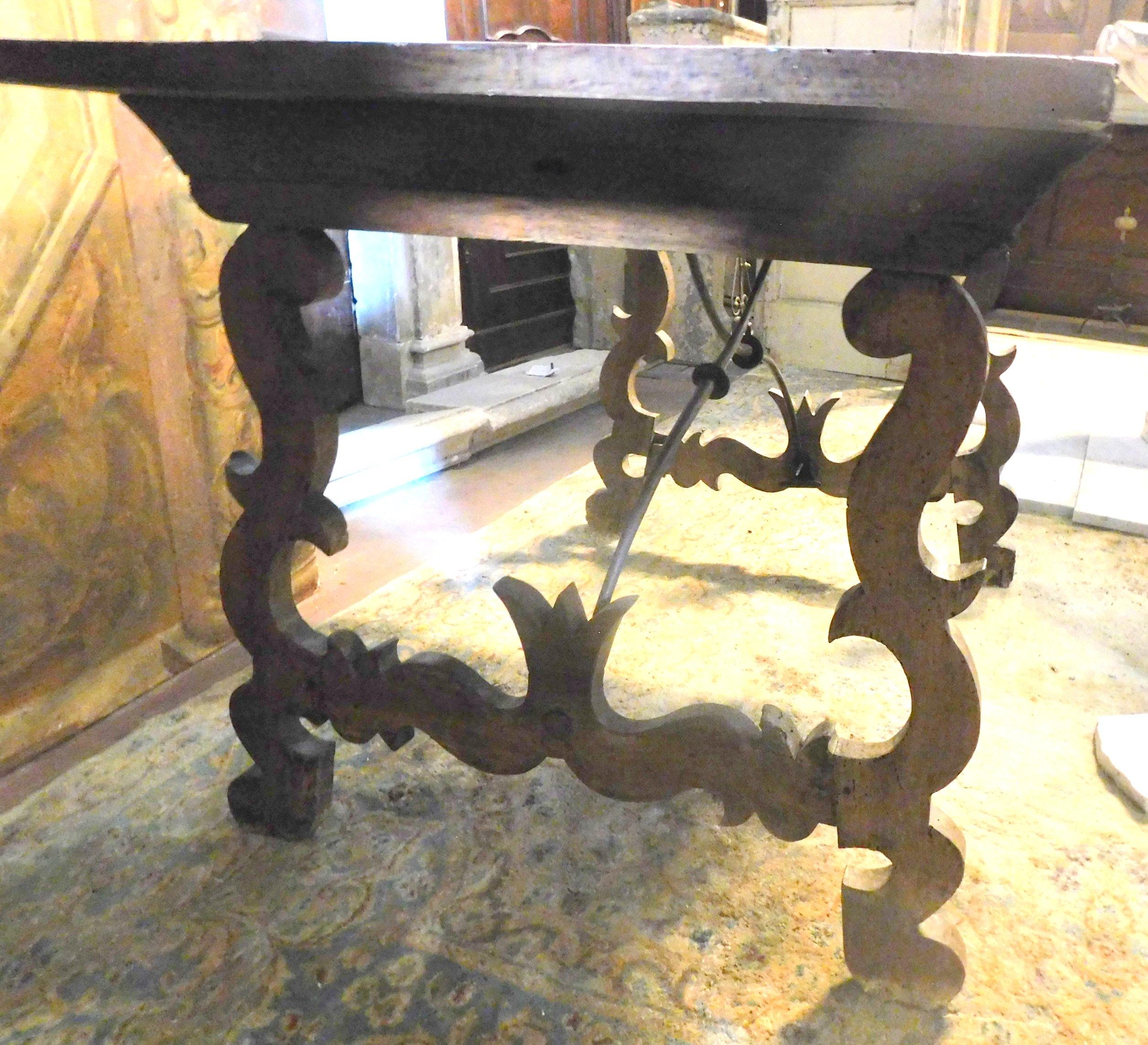 Antique Brown Walnut Table, Wavy Legs and Single Plank, 1700, Italy 2
