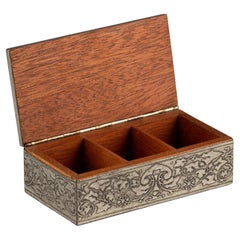 Antique Brown Wood Repoussé Chased Engraved Silver Stamp Box Case Dogs