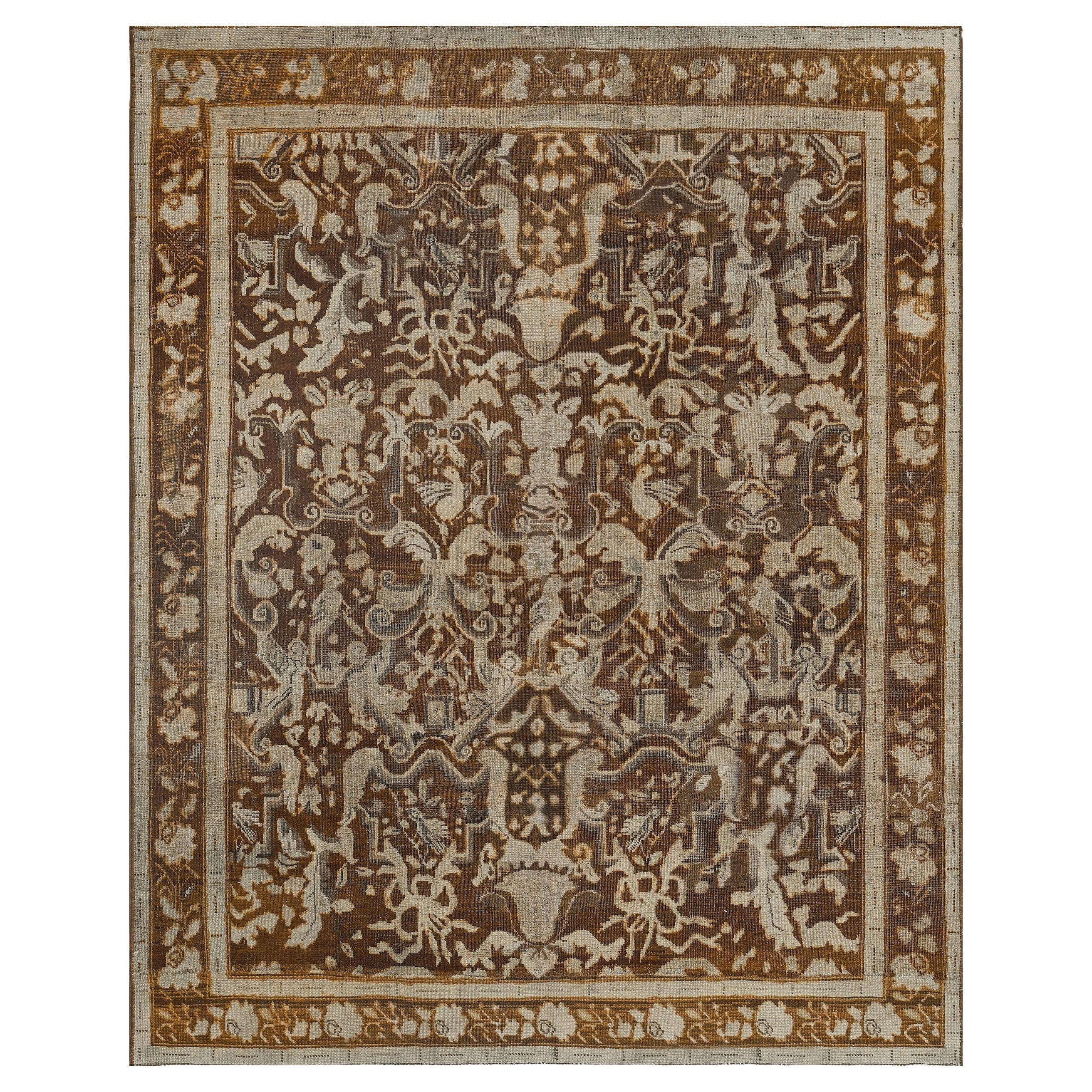 Alfombra caucásica Karabagh antigua de lana marrón con motivos aviares y florales en venta