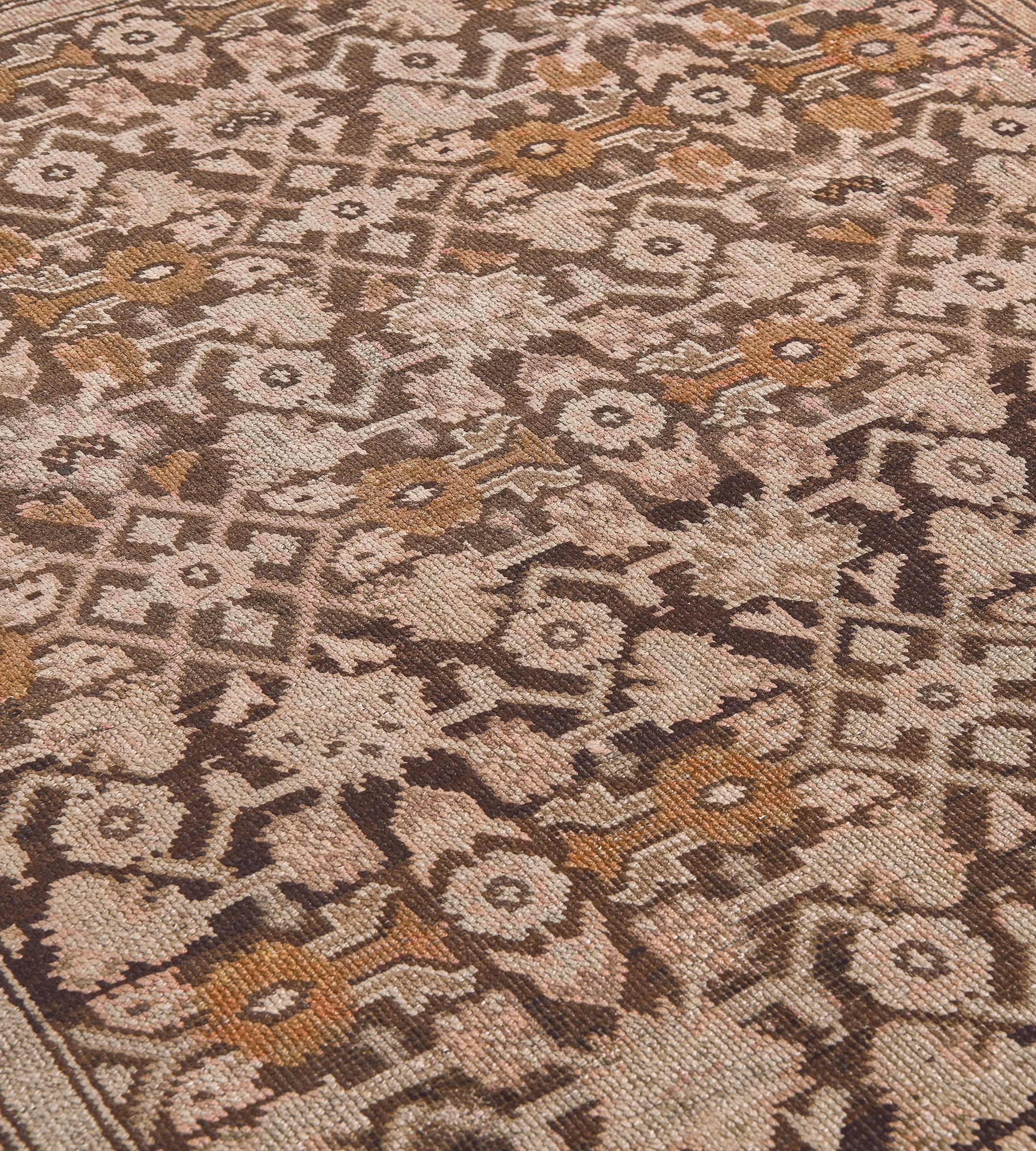 Hand-Knotted Antique Brown Wool Herati-Pattern Handwoven Karabagh Runner For Sale