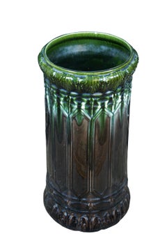 Antique Brush McCoy Green Brown Glaze Majolica Pottery Umbrella Cane Stand 23"