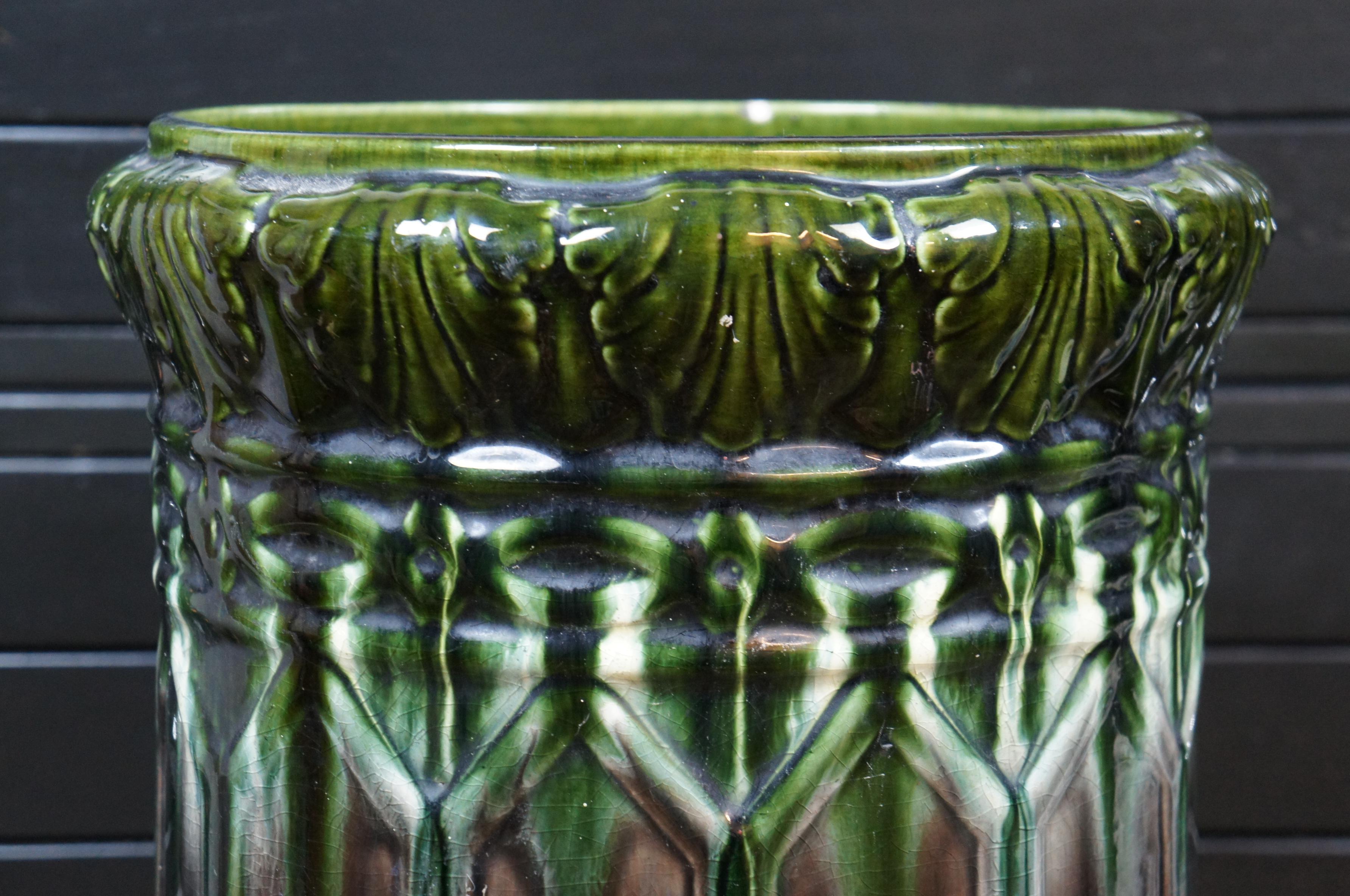 Céramique Antiquité Brush McCoy Vert Brown Glaze Majolica Pottery Umbrella Cane Stand 23