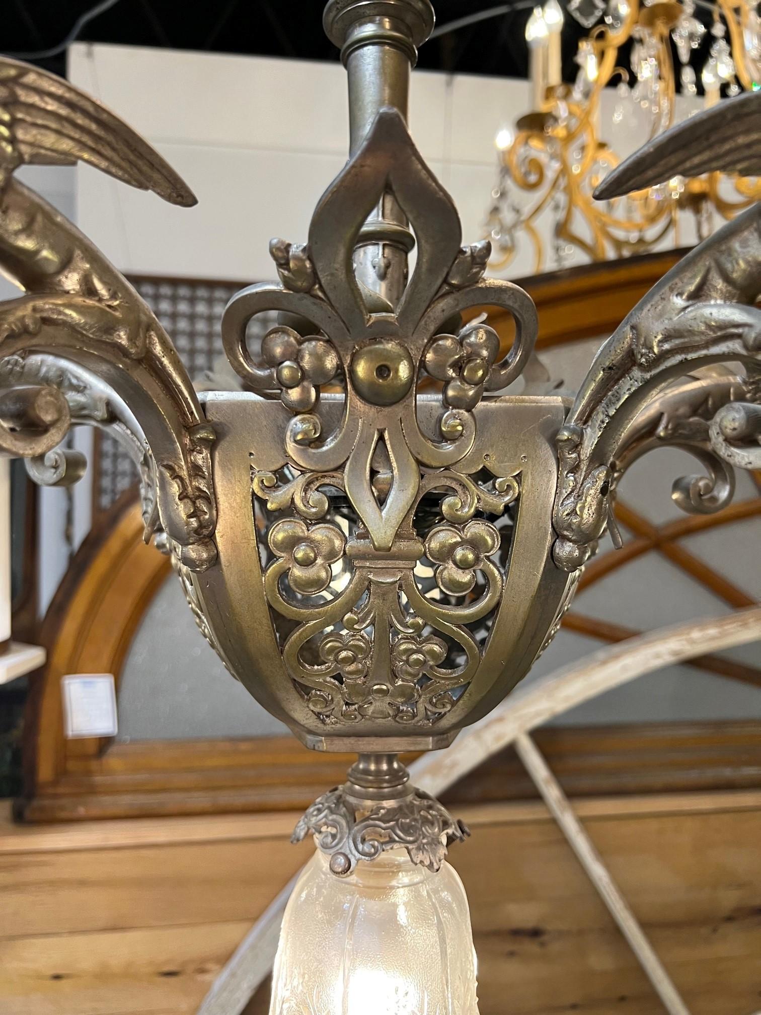 Antique Brushed Nickel Finish Brass 6 Light Chandelier with 5 Griffin Arms  In Good Condition For Sale In Stamford, CT