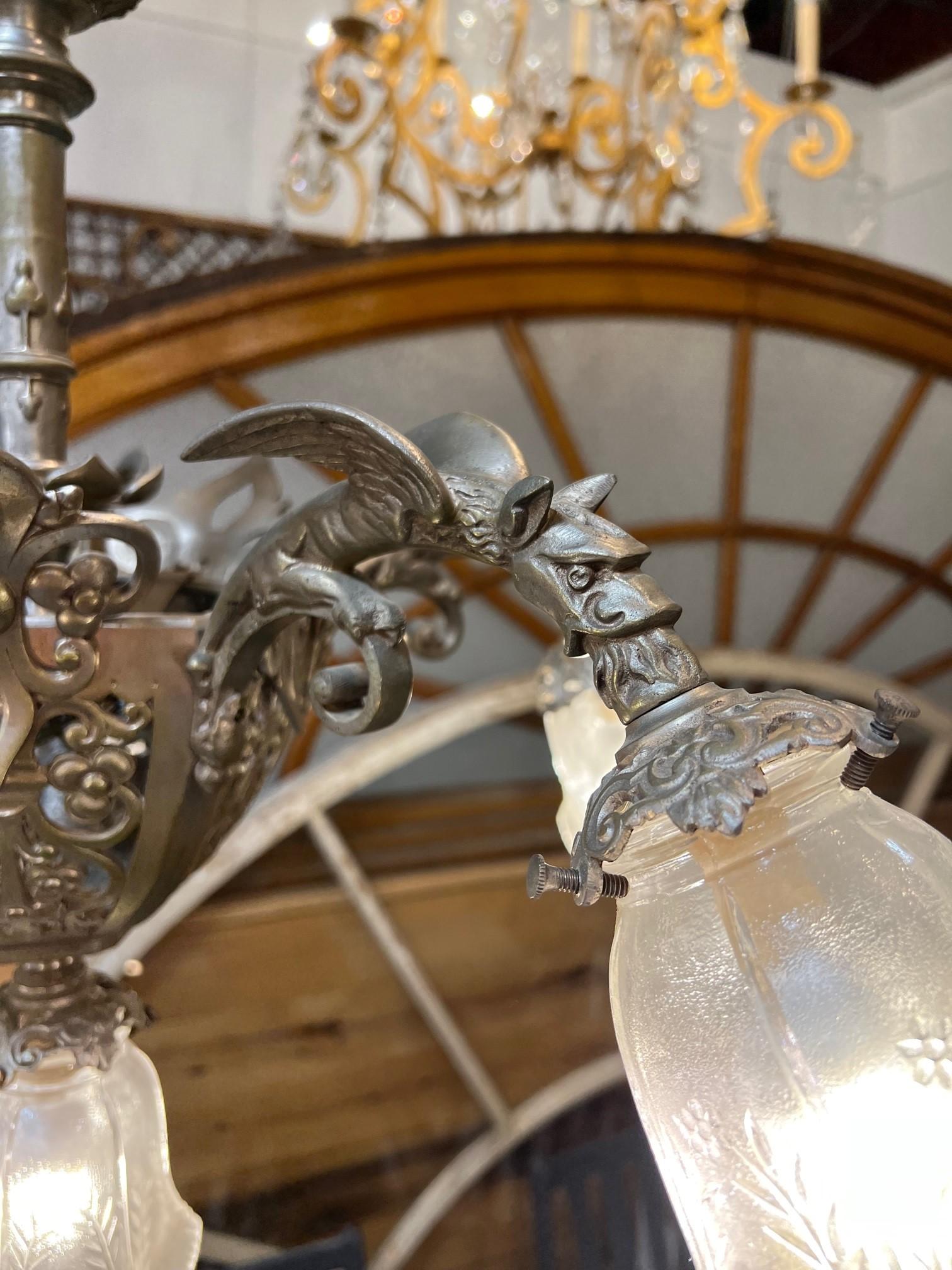 20th Century Antique Brushed Nickel Finish Brass 6 Light Chandelier with 5 Griffin Arms  For Sale