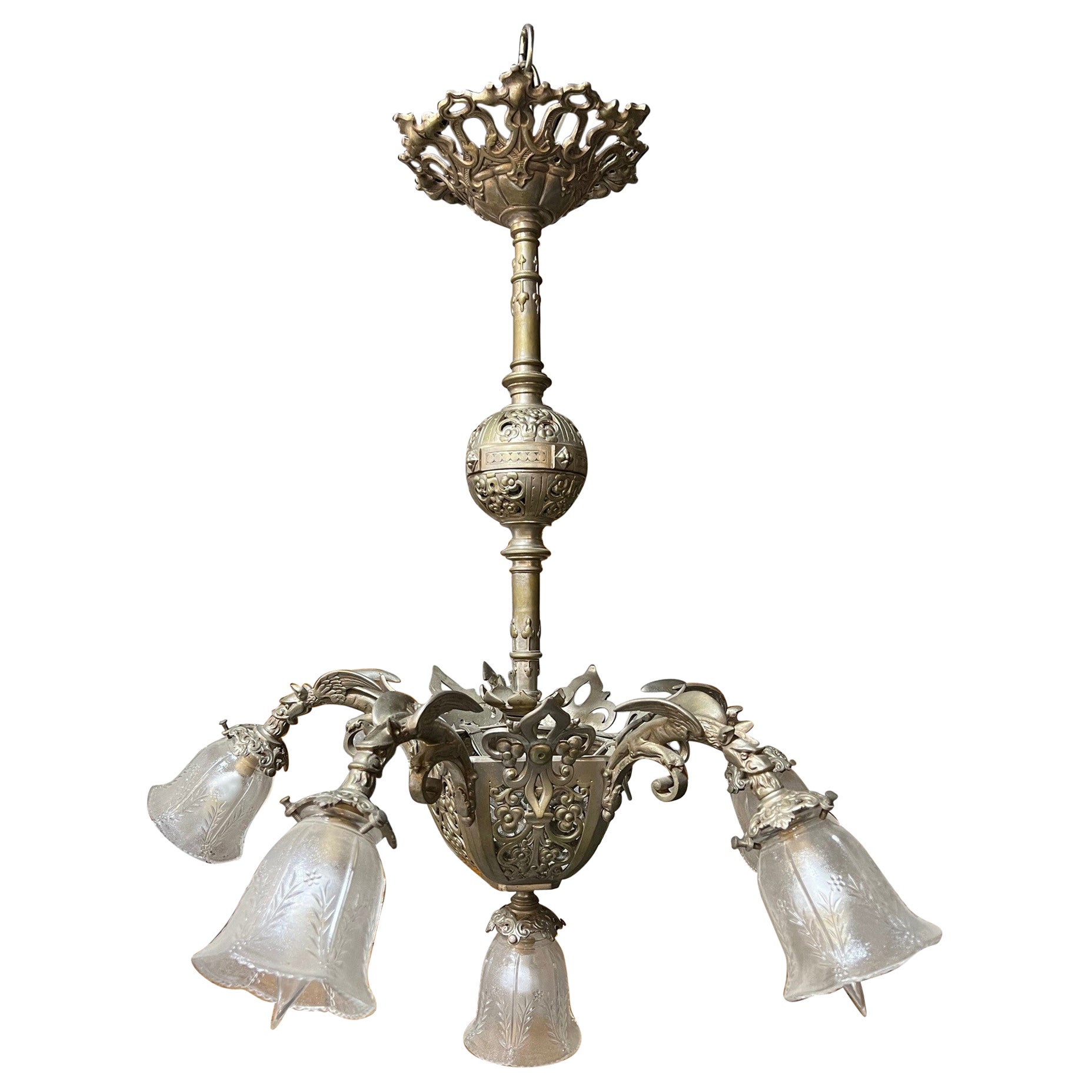 Antique Brushed Nickel Finish Brass 6 Light Chandelier with 5 Griffin Arms