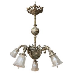 Lustre ancien à 6 lumières en laiton brossé, finition nickel, avec 5 bras en griffe