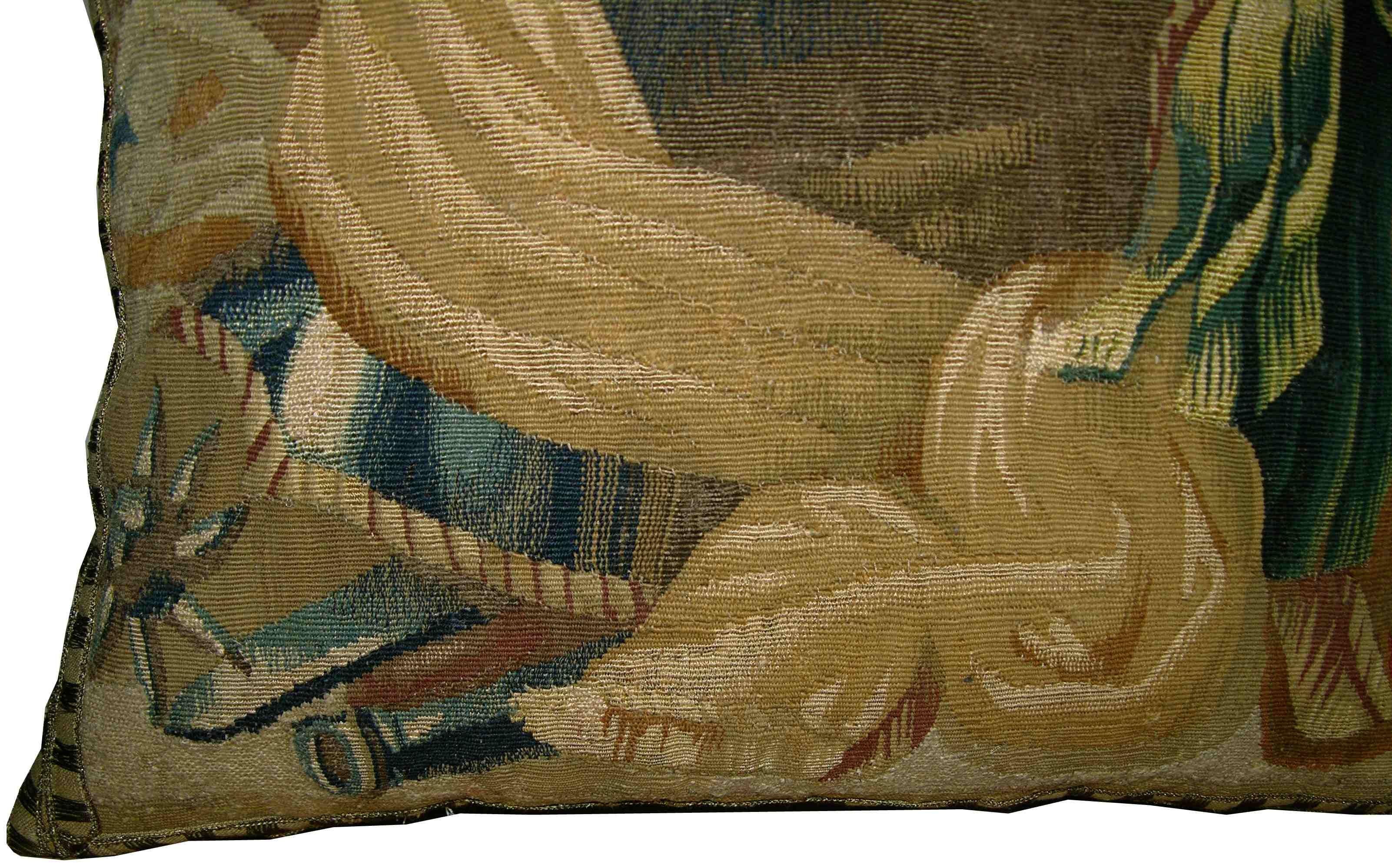 European Antique Brussels Tapestry Pillow, circa 17th Century For Sale