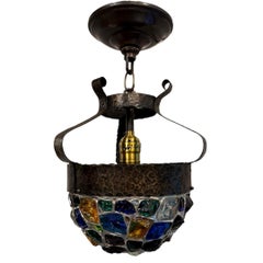 Antique Brutalist Hammered Metal and Color Leaded Glass Pendant Light Fixture