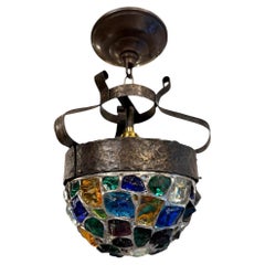 Antique Brutalist Hammered Metal and Color Leaded Glass Pendant Light Fixture