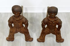 Antique Brutalist Pair of Iron African Art Male Figurine Fireplace Log Andirons