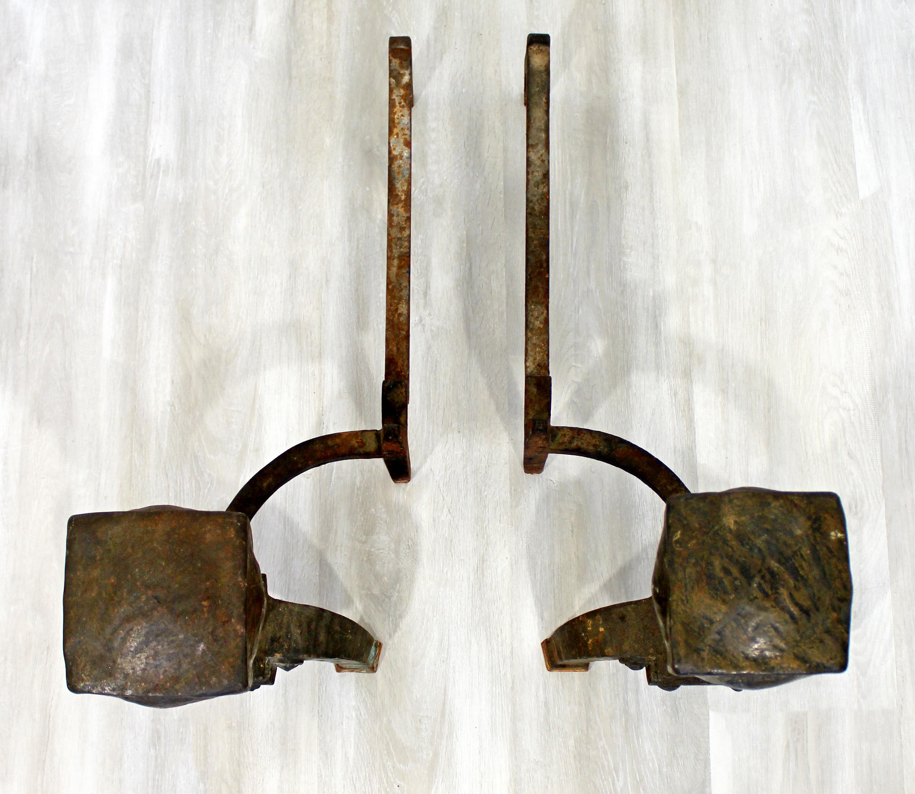 Antique Brutalist Pair of Iron Fireplace Log Andirons 2