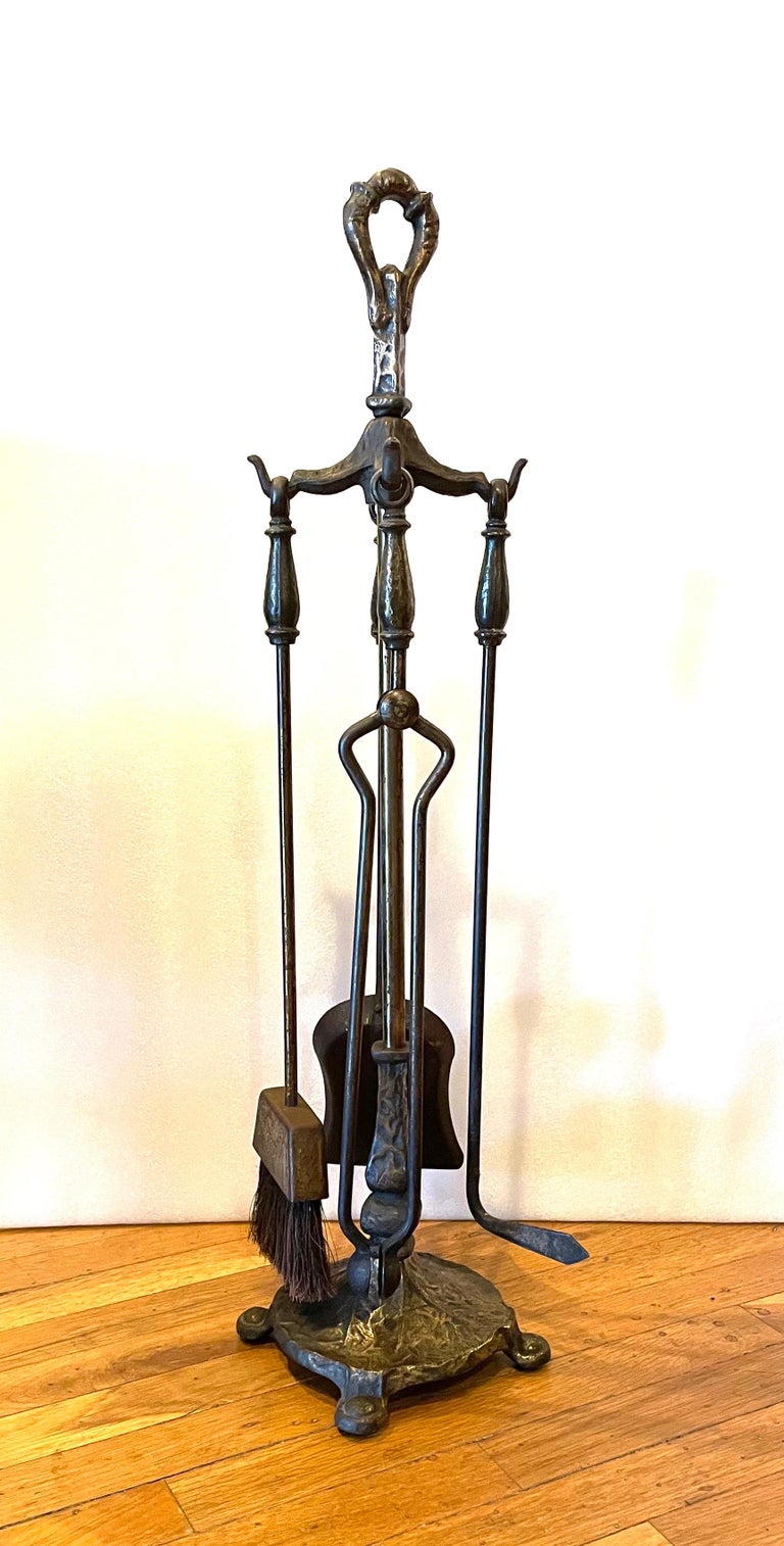 Antique Brutalist Style Fireplace Tools Set in Bronze Patinated Finish