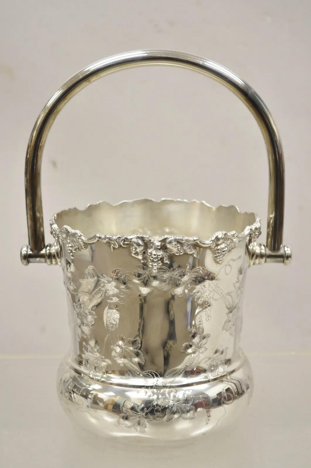 Antique BSCEP English Victorian Silver Plated Grapevine Ice Bucket w Handle. In Good Condition For Sale In Philadelphia, PA