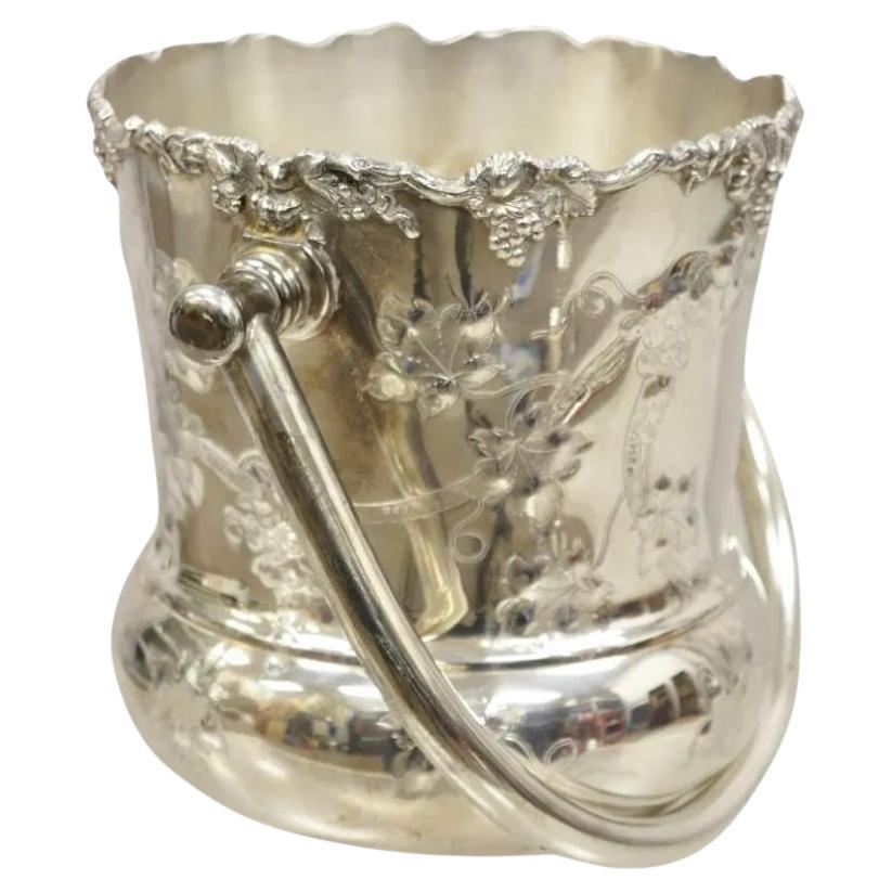 Antique BSCEP English Victorian Silver Plated Grapevine Ice Bucket w Handle. For Sale