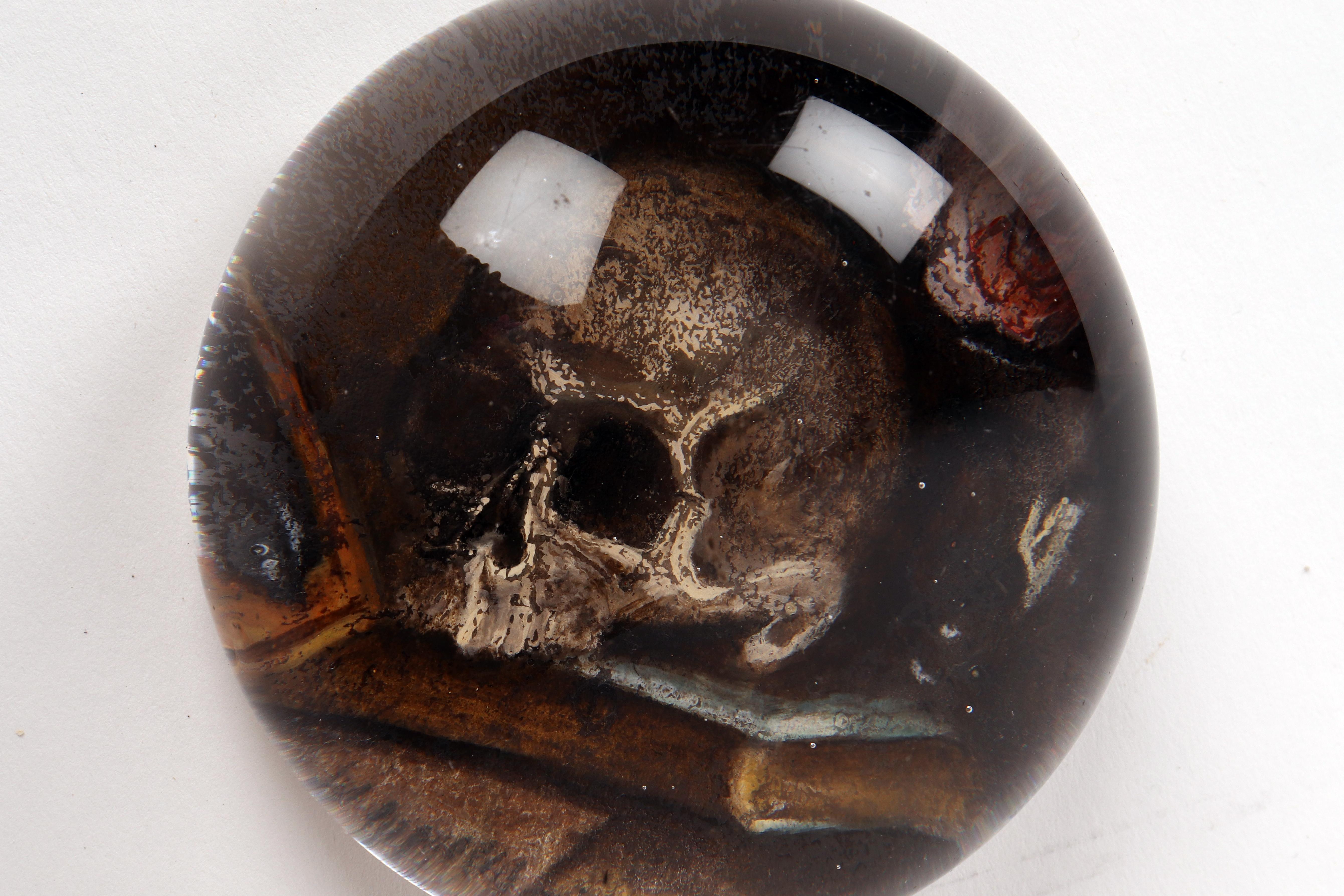 Glass Antique bubble glass paper weight, with vanitas Memento Mori, Italy 1850.  For Sale